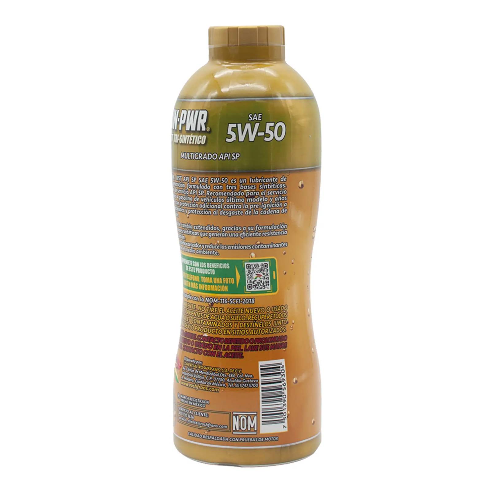 Aceite Motor Multigrado Roshfrans Tri-Sintético RUN-PWR 5W-50 SP, 950 ml