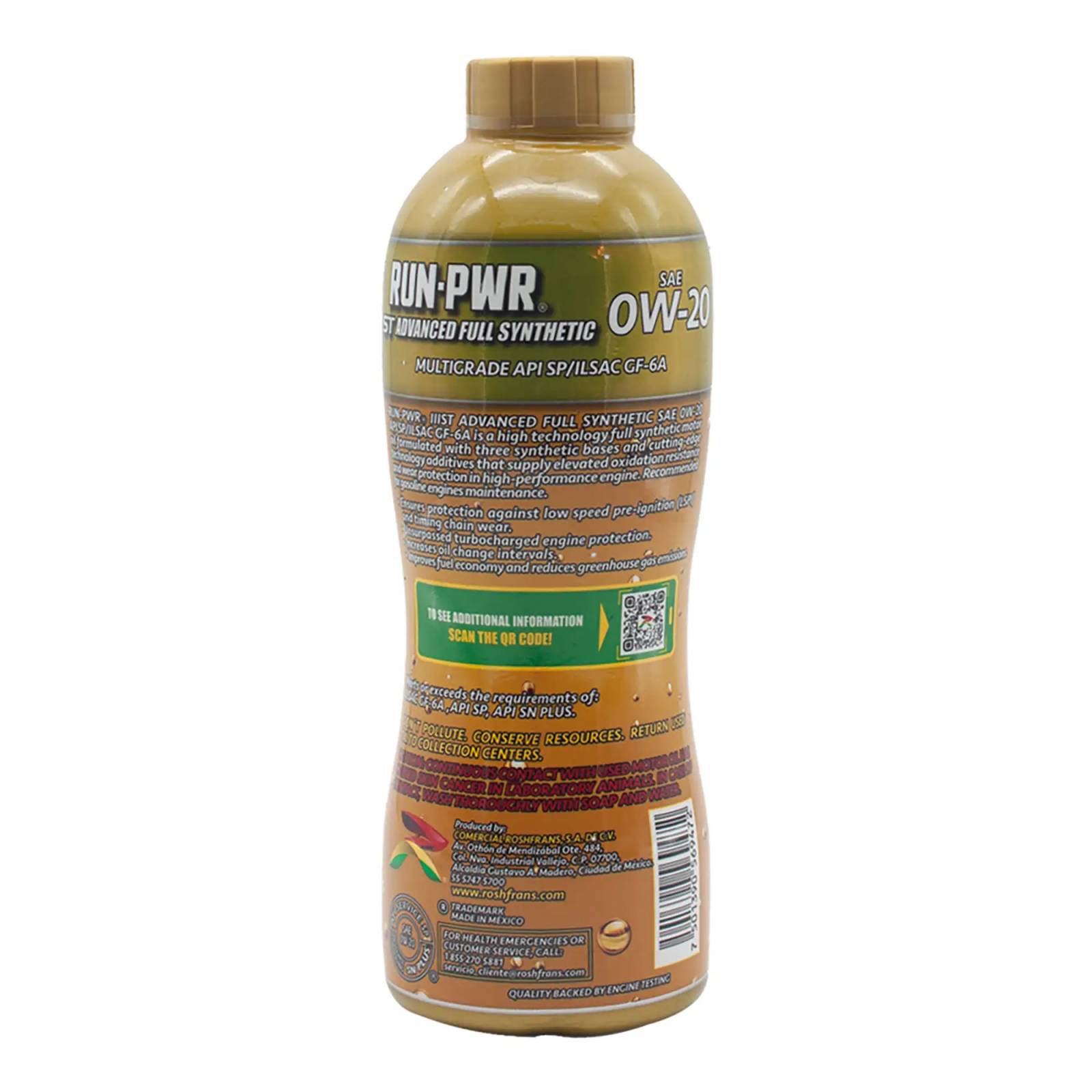 Aceite Motor Multigrado Roshfrans Tri-Sintético 0W-20, 950 ml