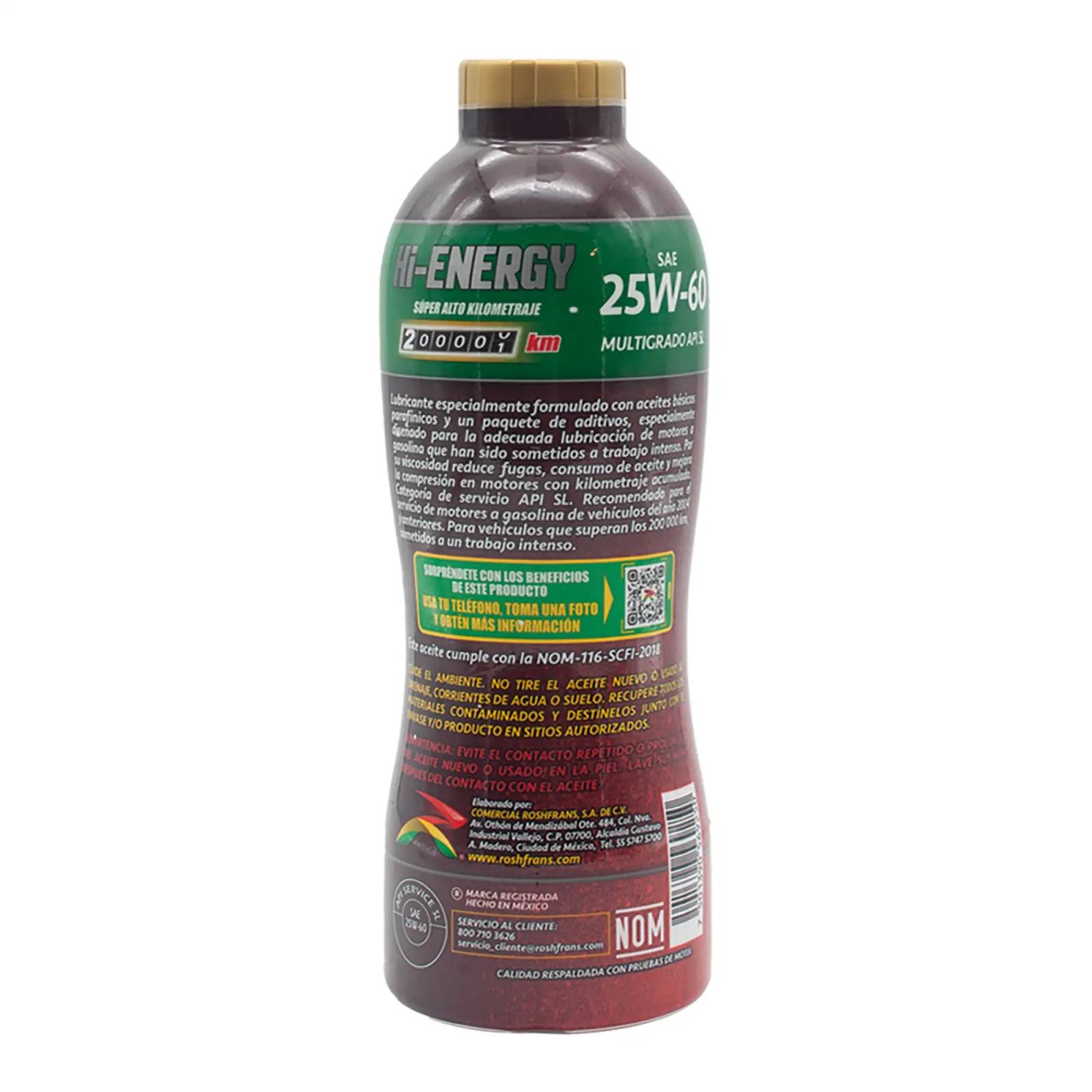 Aceite Motor Multigrado Roshfrans HI-ENERGY 25W-60, 950 ml