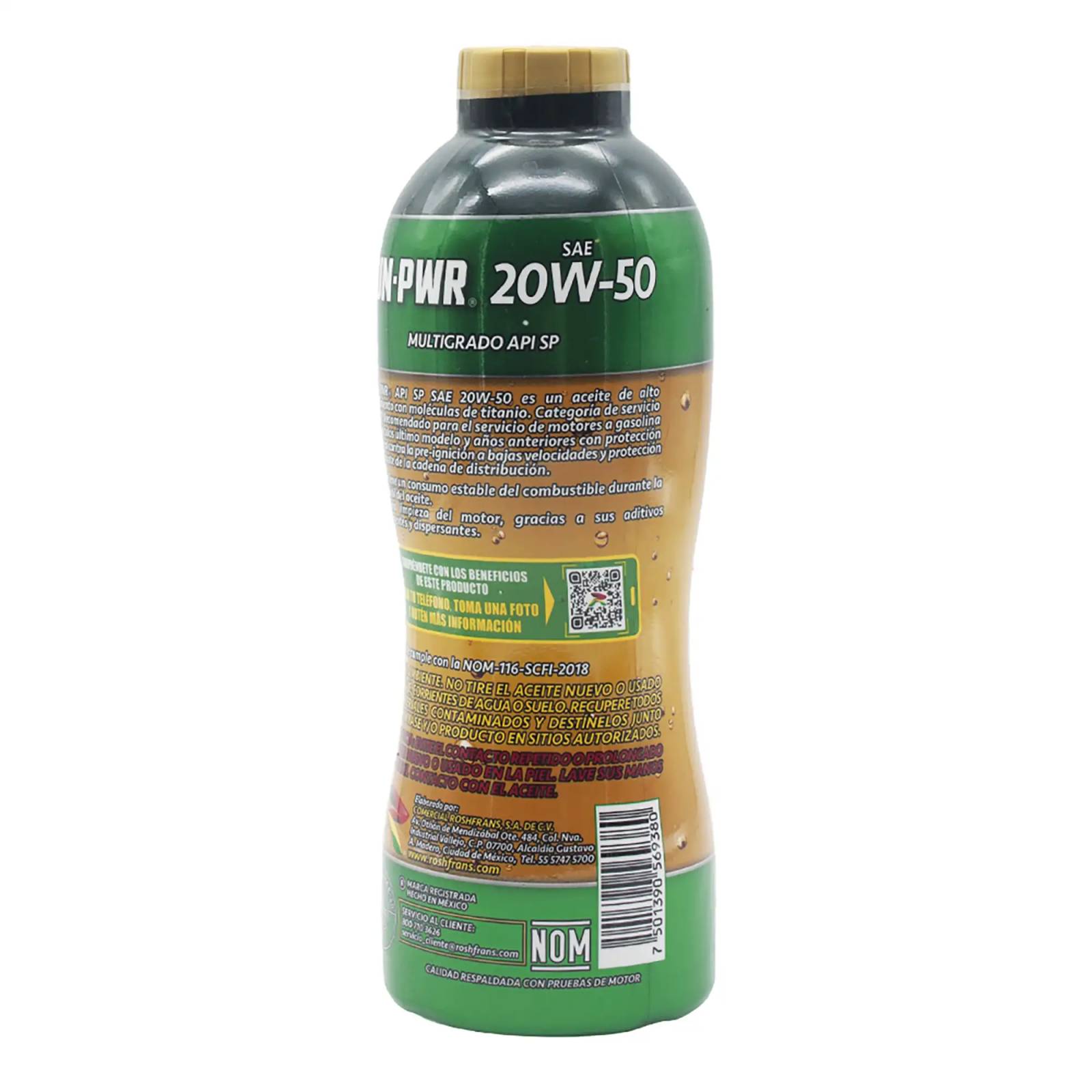 Aceite Motor Multigrado Roshfrans RUN-PWR 20W-50 SP, 950 ml