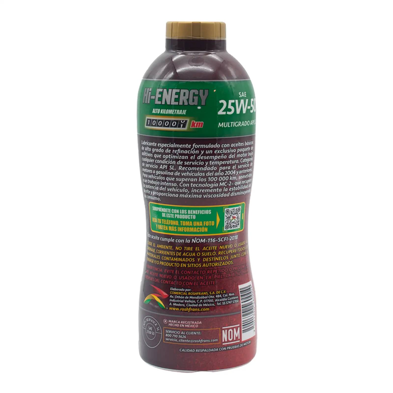 Aceite Motor Multigrado Roshfrans HI-ENERGY Alto kilometraje 25W-50, 950 ml