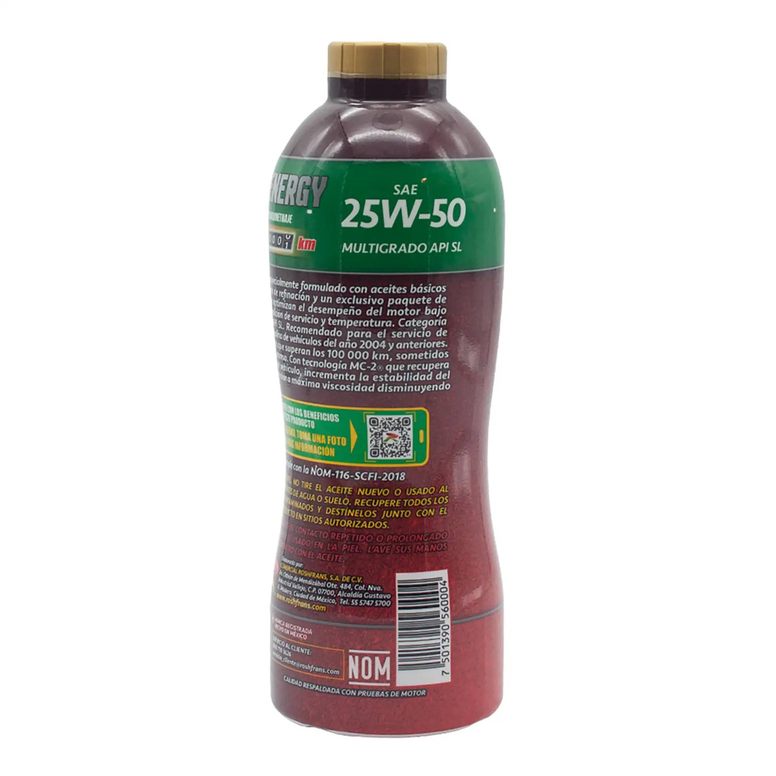 Aceite Motor Multigrado Roshfrans HI-ENERGY Alto kilometraje 25W-50, 950 ml