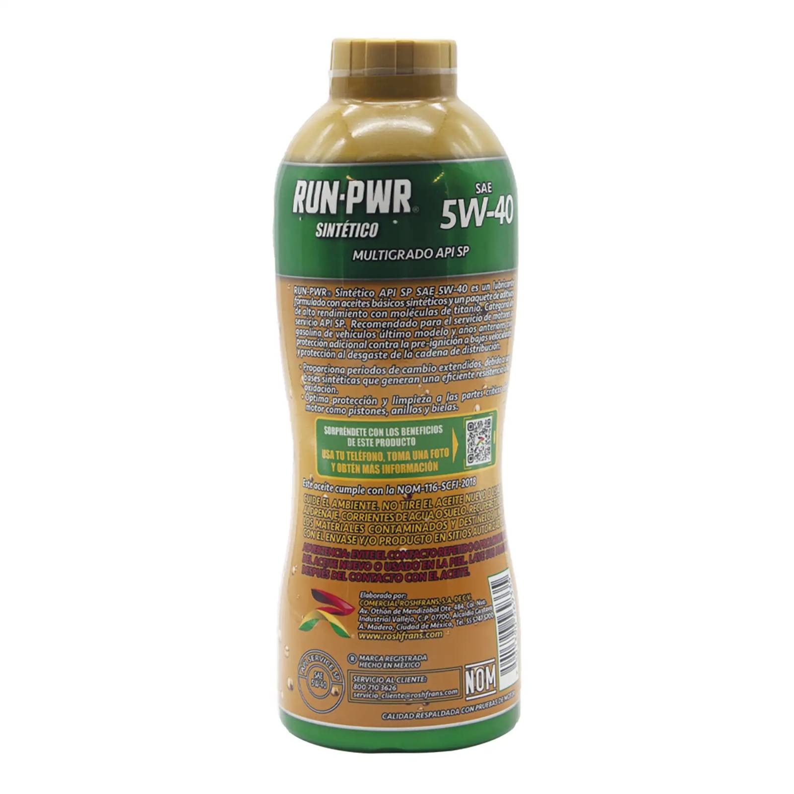 Aceite Motor Multigrado Roshfrans Sintético RUN-PWR 5W-40 SP, 950 ml