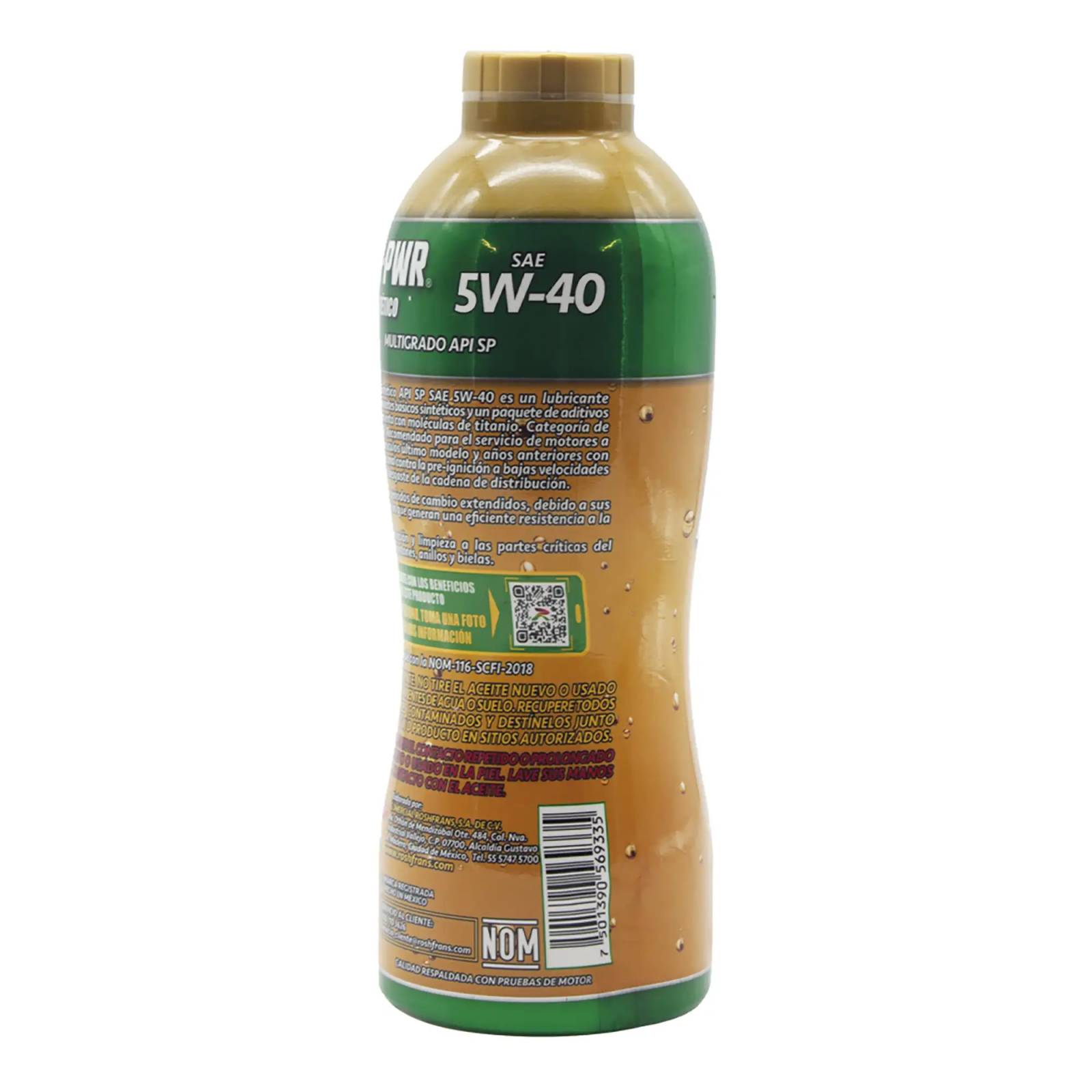 Aceite Motor Multigrado Roshfrans Sintético RUN-PWR 5W-40 SP, 950 ml