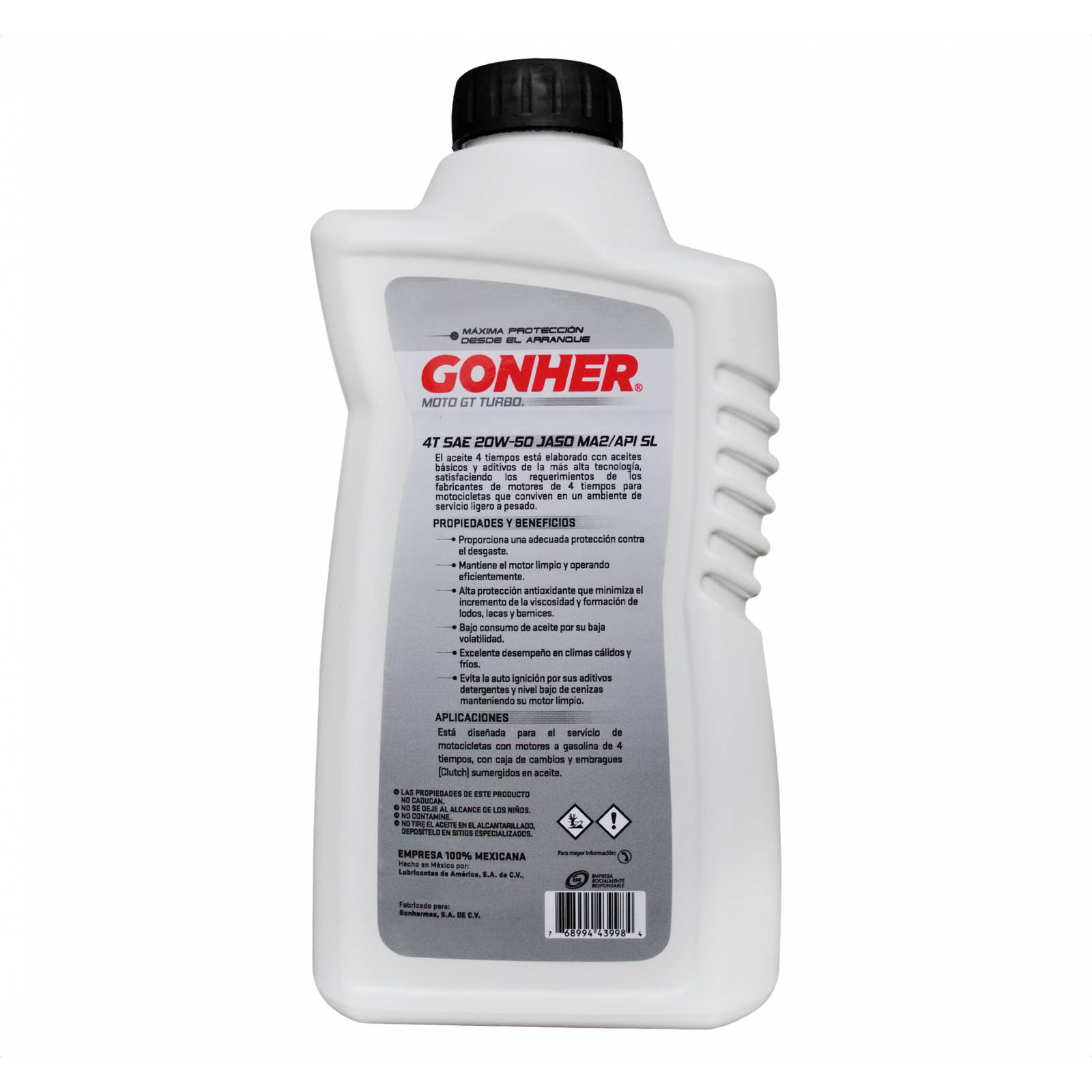 Gonher Aceite Moto 20W50 Mineral 1012711 4 Tiempos Gt Turbo 946 ml