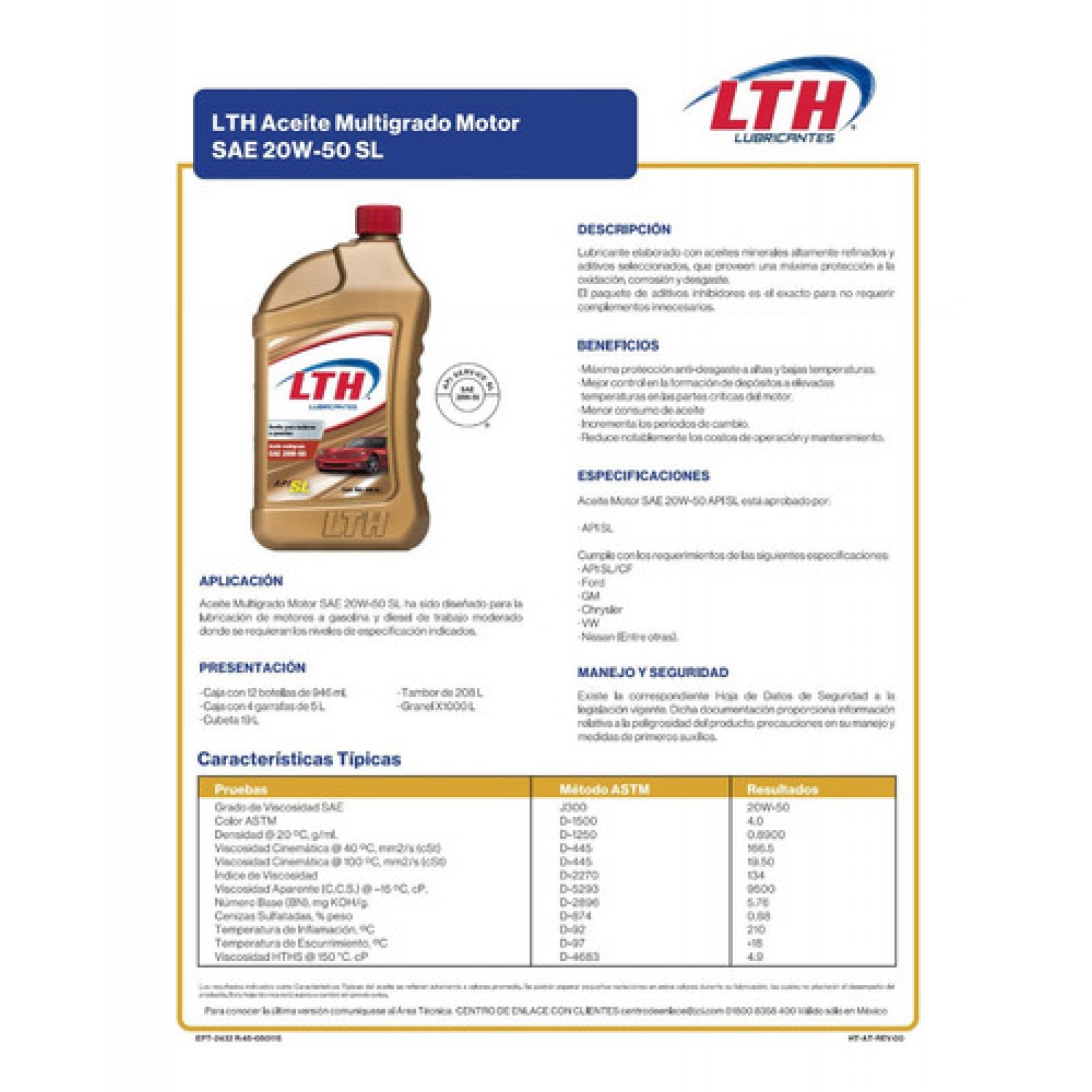 Aceite Motor a Gasolina LTH 20W50 Mineral Multigrado, 5 L