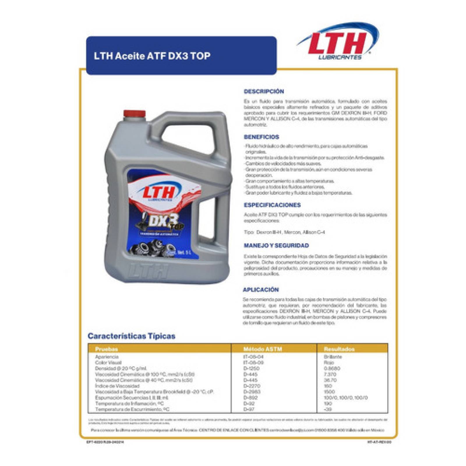 Aceite Transmisión Automática LTH ATF Dexron 3 Top, 5 L