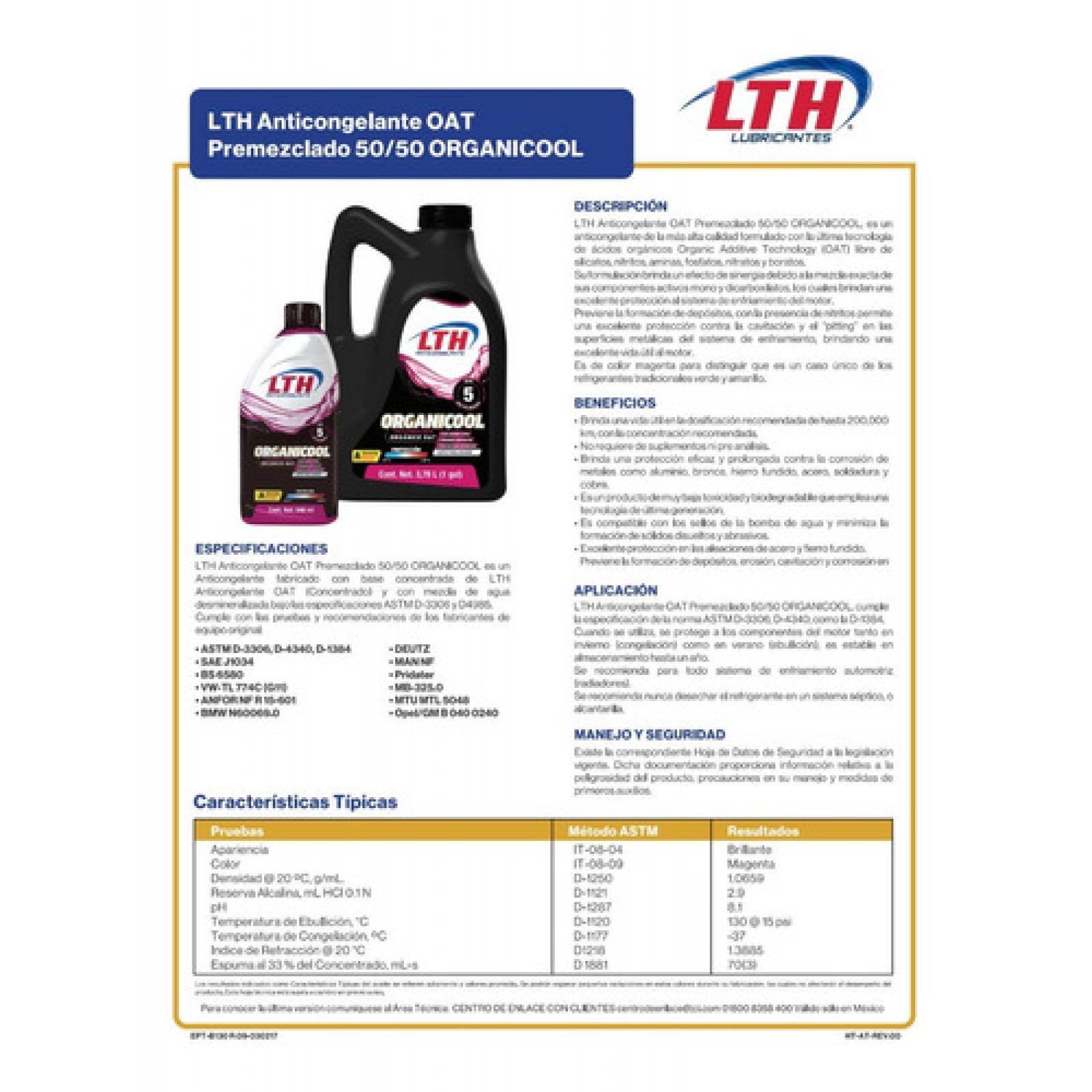 Anticongelante Rosa LTH Organicool 50 - 50 Listo para Usar, 3.78 L