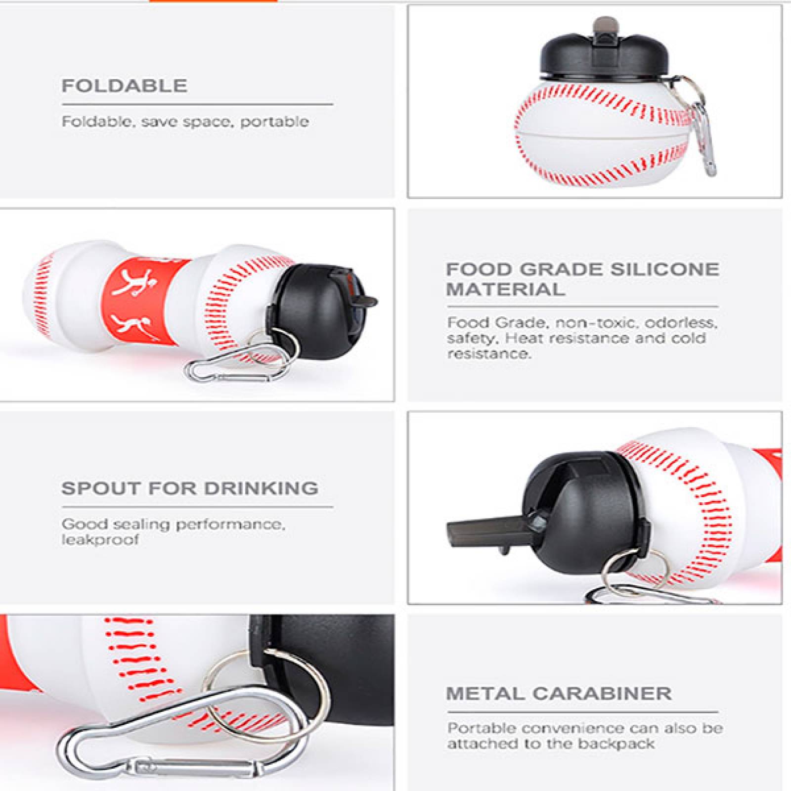 MADIOLA Botella de Agua Deportiva en forma de Pelota de Beisbol. Botella plegable para Viaje. Termo para niños