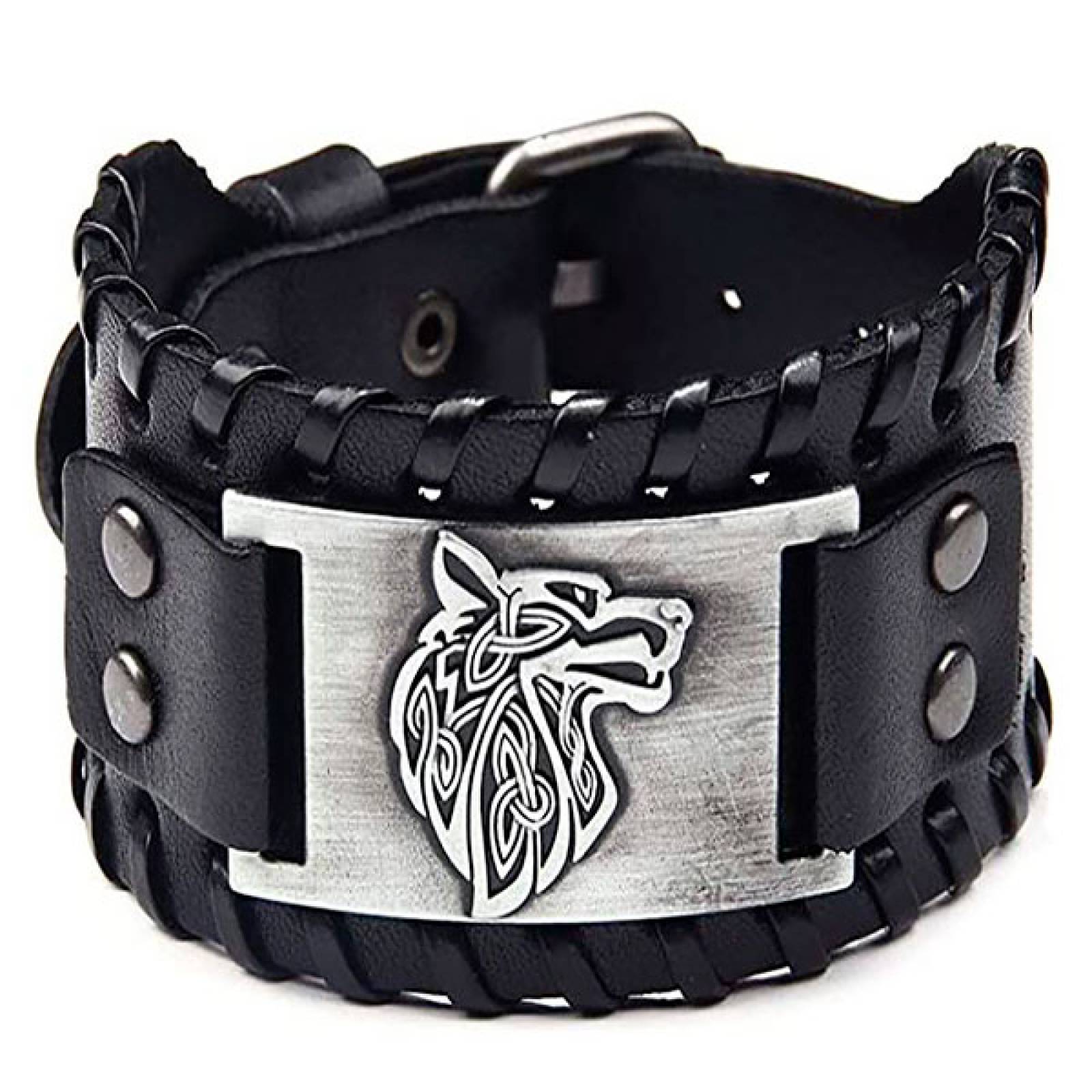 MADIOLA Pulsera de Piel Vikinga. Brazalete ajustable de Piel Diseño Lobo Vikingo Fenrir para Hombre Mujer. Ngo/Silver