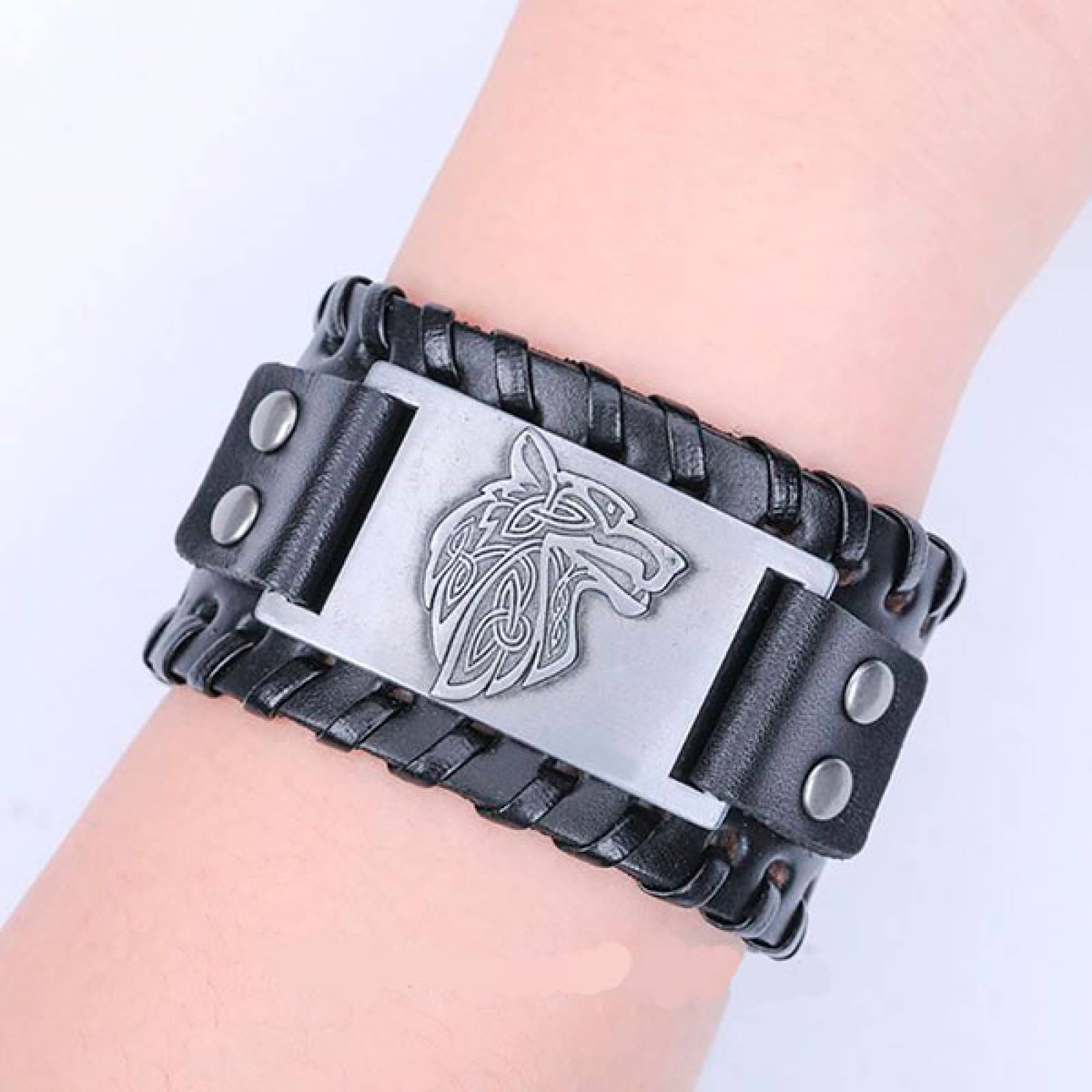 MADIOLA Pulsera de Piel Vikinga. Brazalete ajustable de Piel Diseño Lobo Vikingo Fenrir para Hombre Mujer. Ngo/Silver