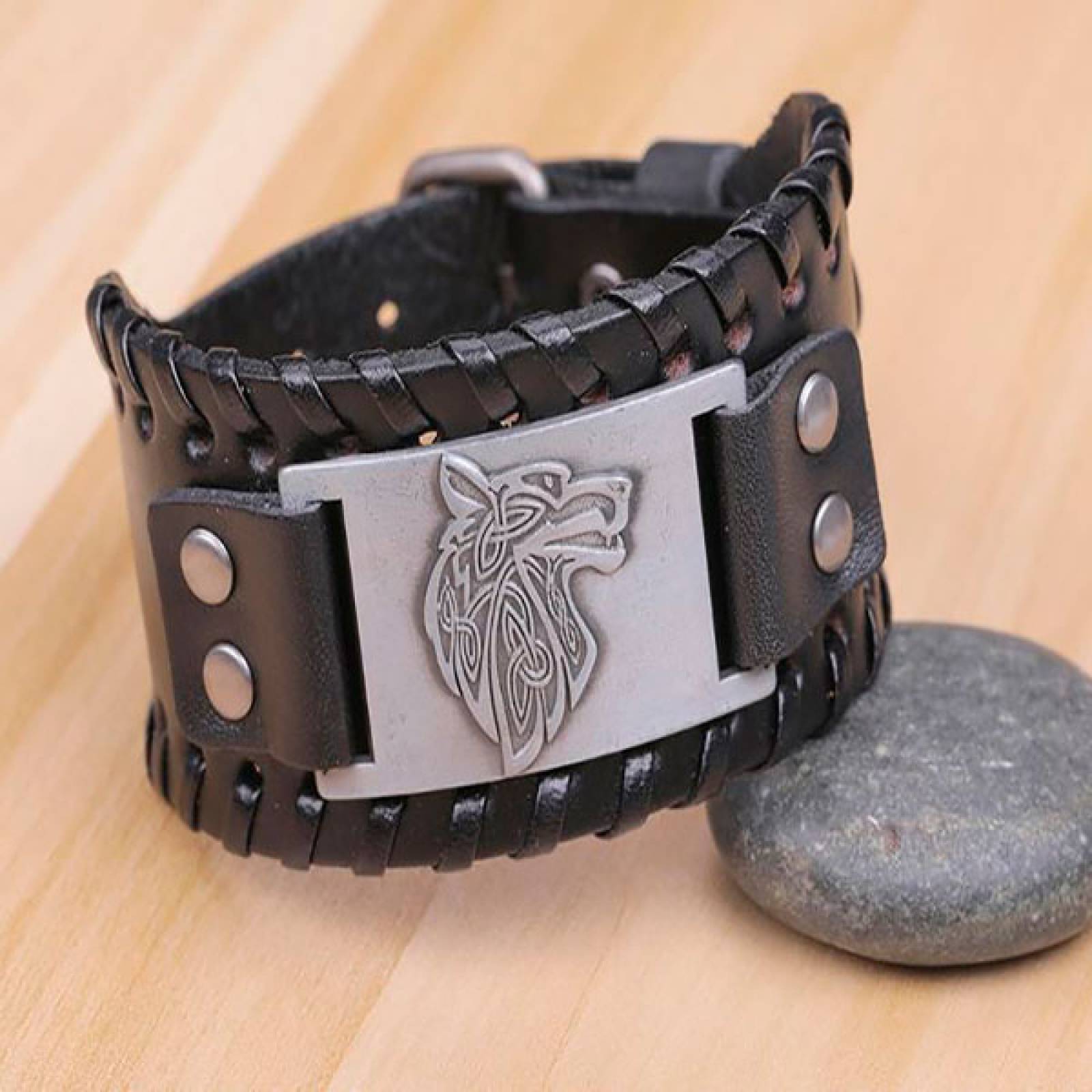 MADIOLA Pulsera de Piel Vikinga. Brazalete ajustable de Piel Diseño Lobo Vikingo Fenrir para Hombre Mujer. Ngo/Silver