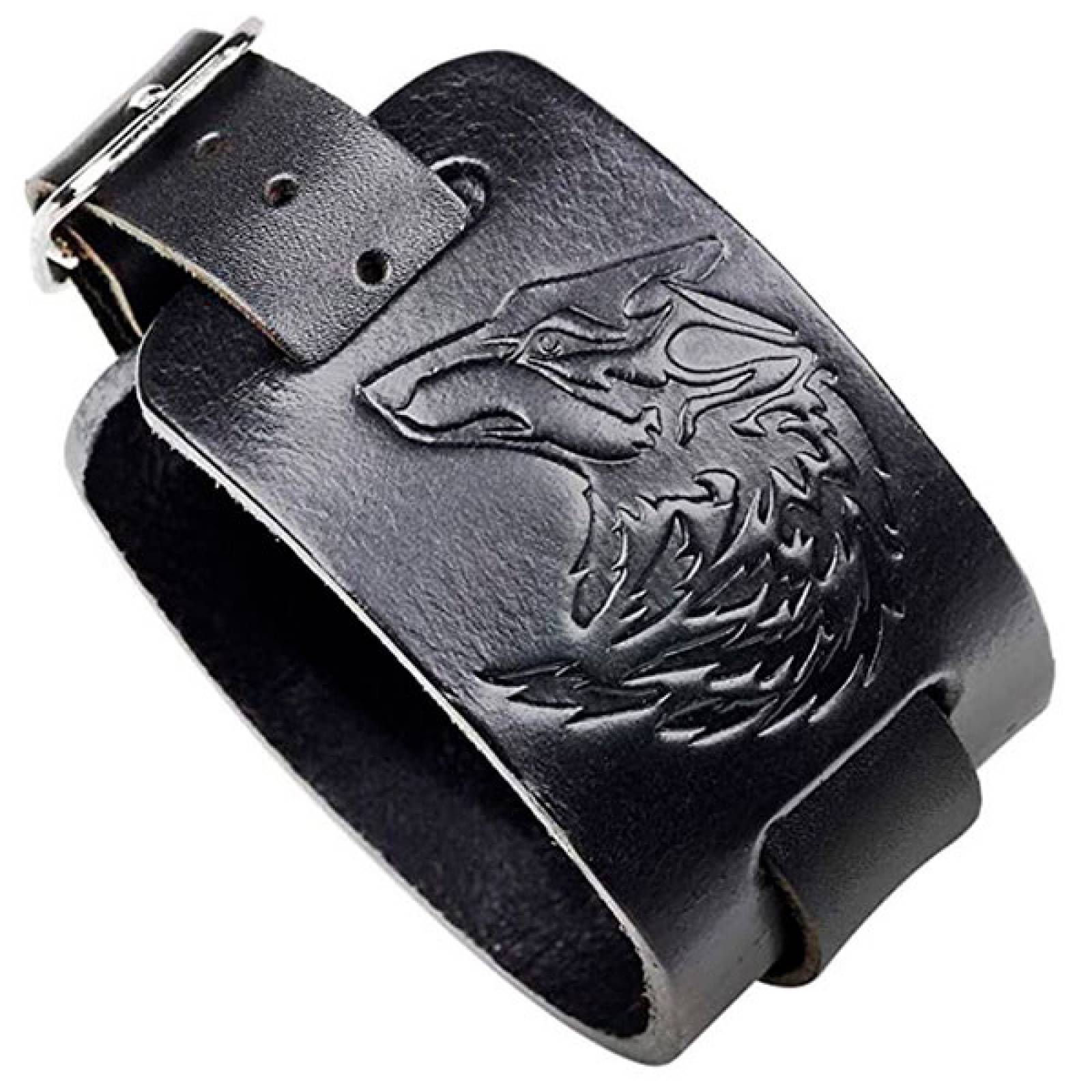 MADIOLA Pulsera de Piel Vikinga Brazalete ajustable Diseño Lobo Vikingo Fenrir - Pulsera de Piel para Hombre Mujer. Ngro