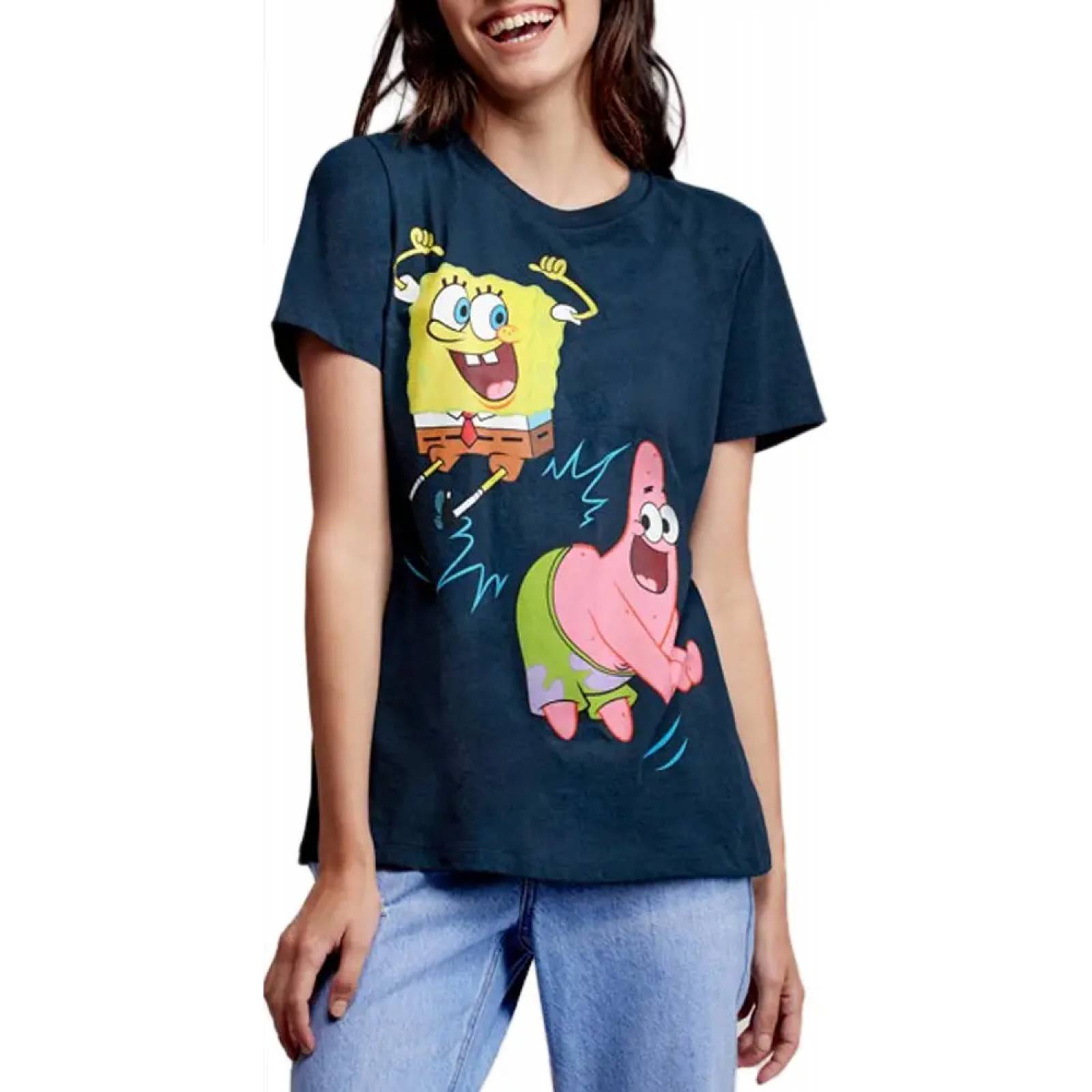 Playera casual dama azul marino Bob Esponja modelo JP32