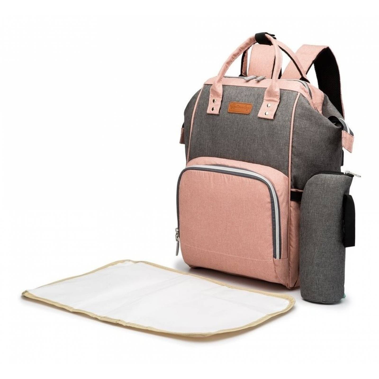 Pañalera Mochila Moderna Multifuncional Usb Bebe Gris Rosa