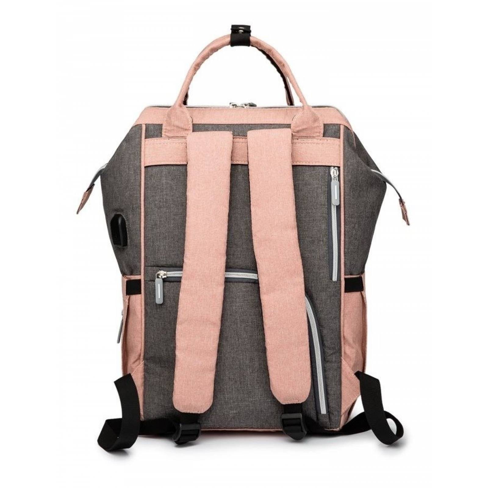 Pañalera Mochila Moderna Multifuncional Usb Bebe Gris Rosa