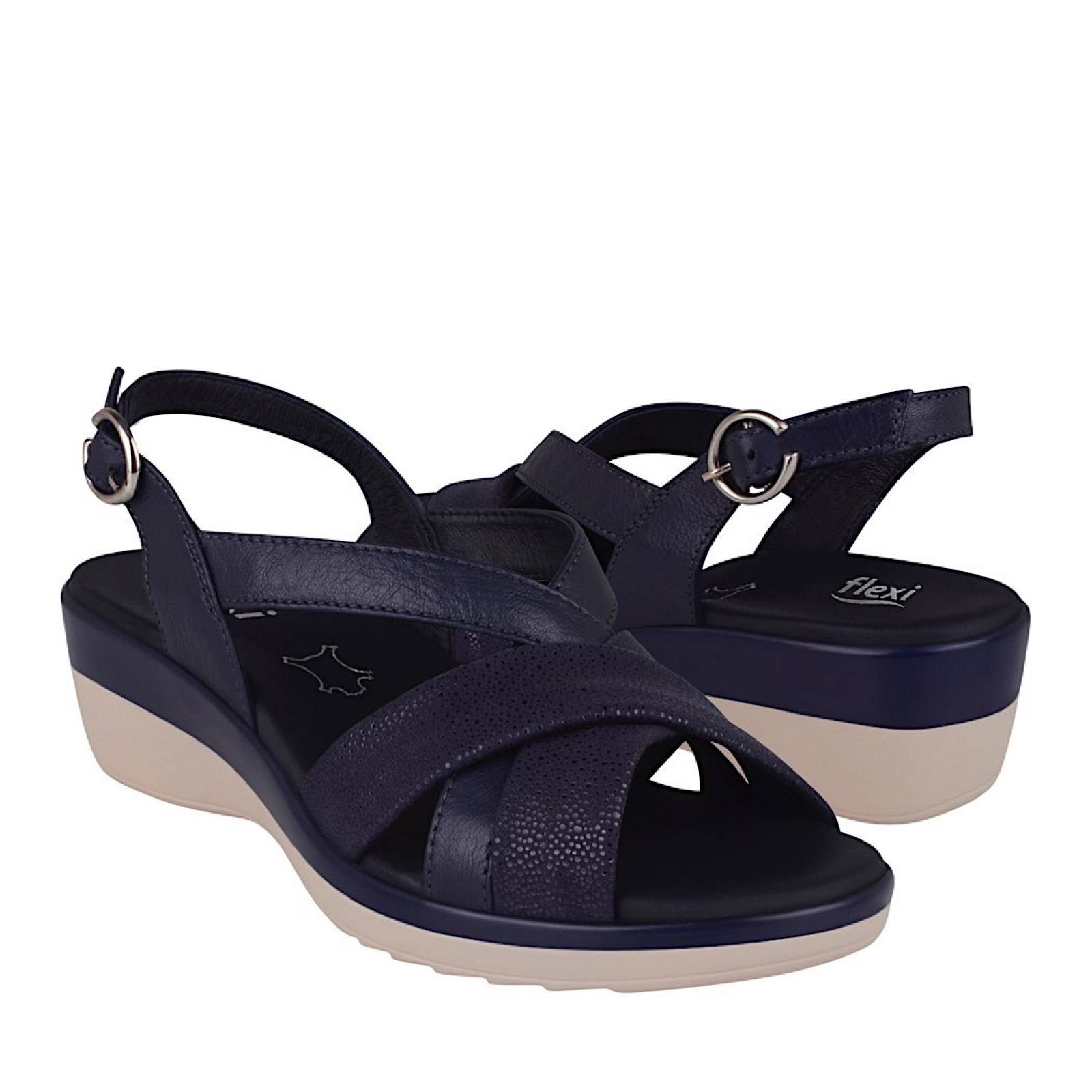Sandalias De Piel Para Mujer Color Azul Con Cierre Decoratico