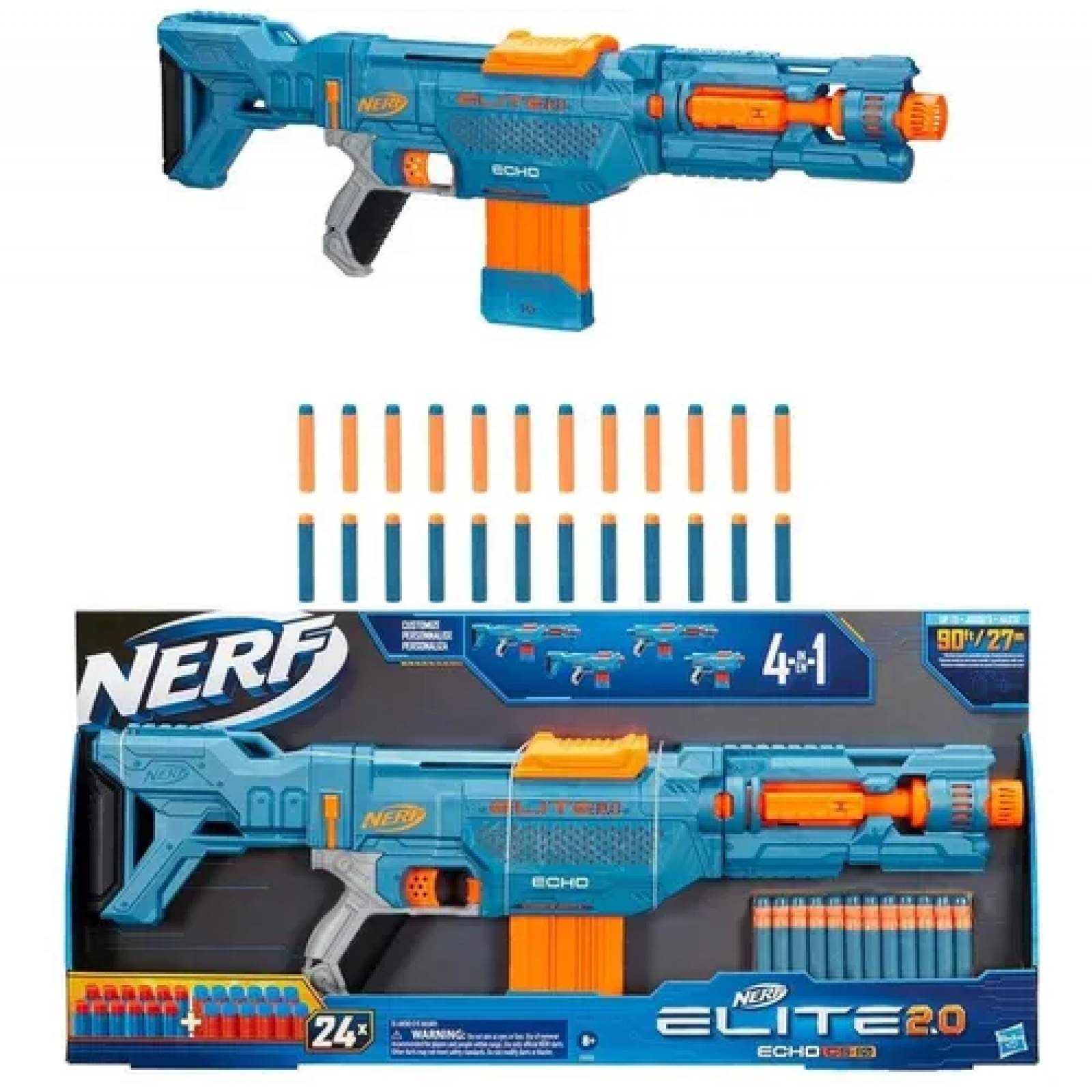 Pistola Nerf Modelo: Echocs-10 2.0 Original 24 Dardos Empaque de Caja