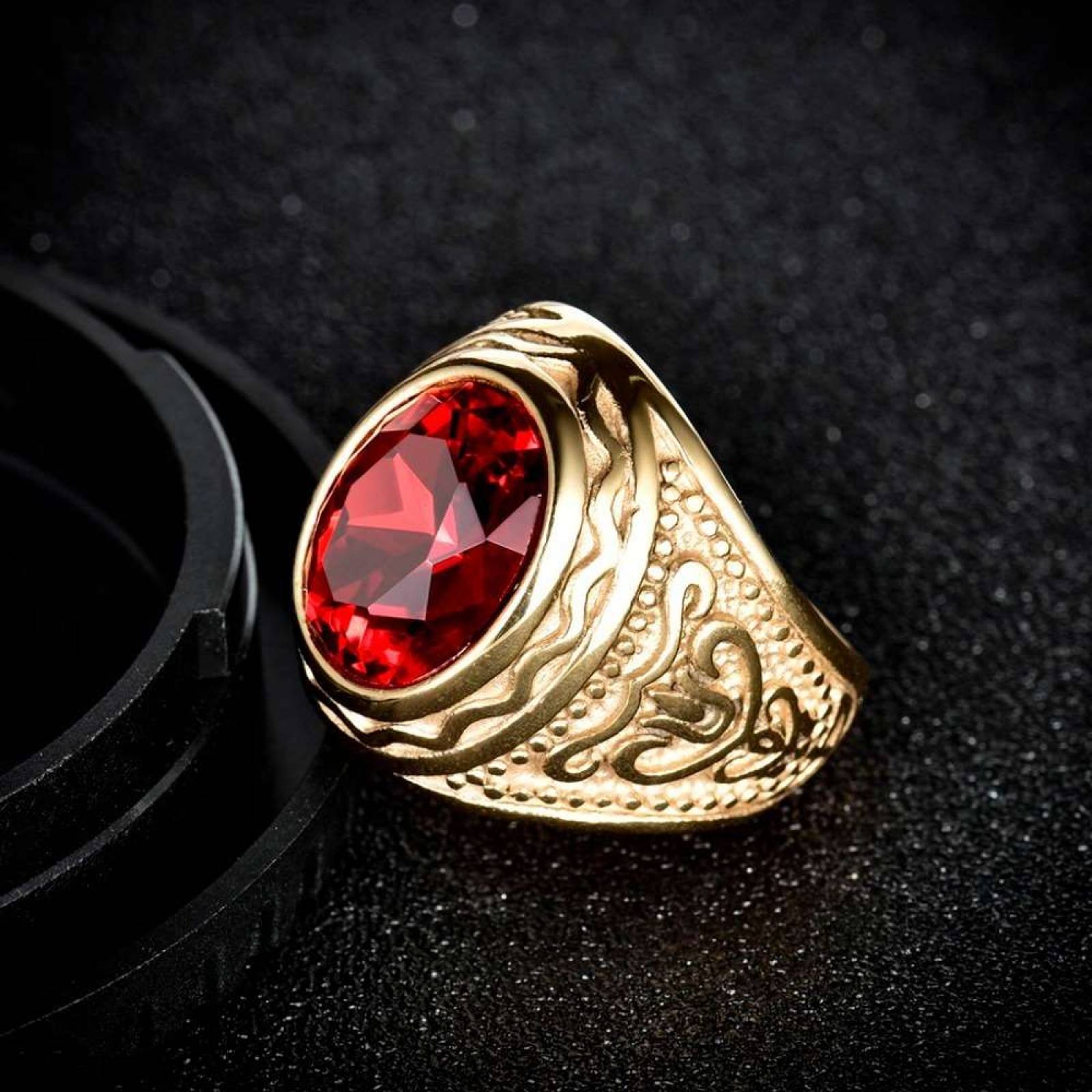 Anillo Hombre O Mujer Acero Modelo Alejandría   Piedra Roja