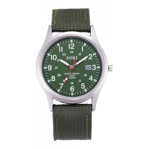 Reloj Militar Acero Lona Cuarzo Marca Soki Color Verde