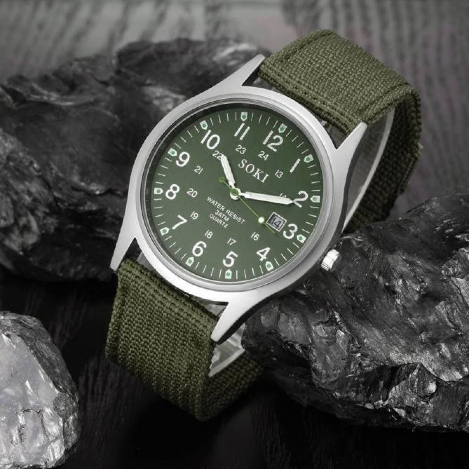 Reloj Militar Acero Lona Cuarzo Marca Soki Color Verde