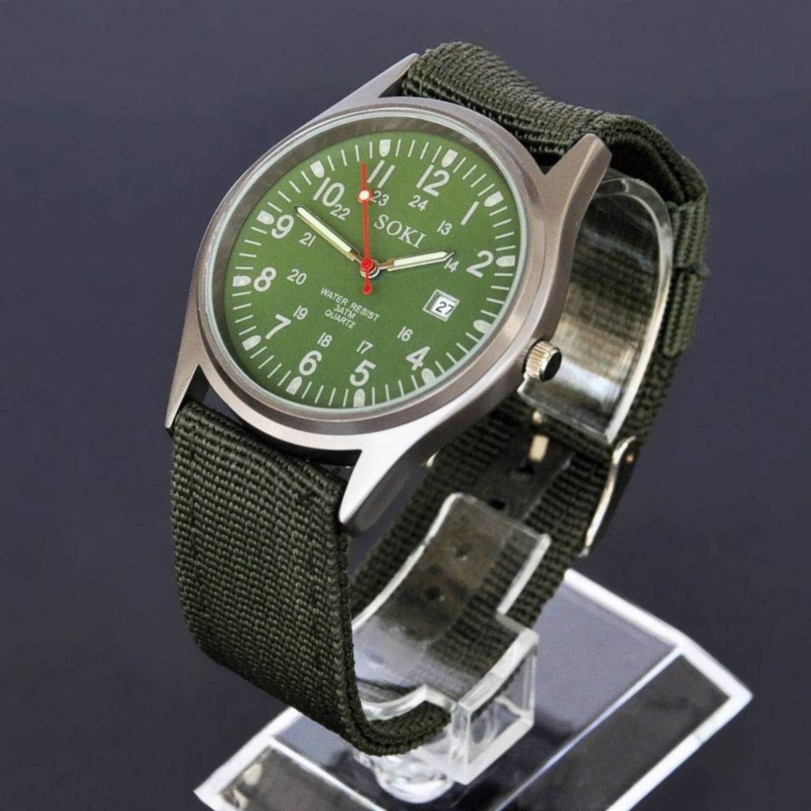 Reloj Militar Acero Lona Cuarzo Marca Soki Color Verde