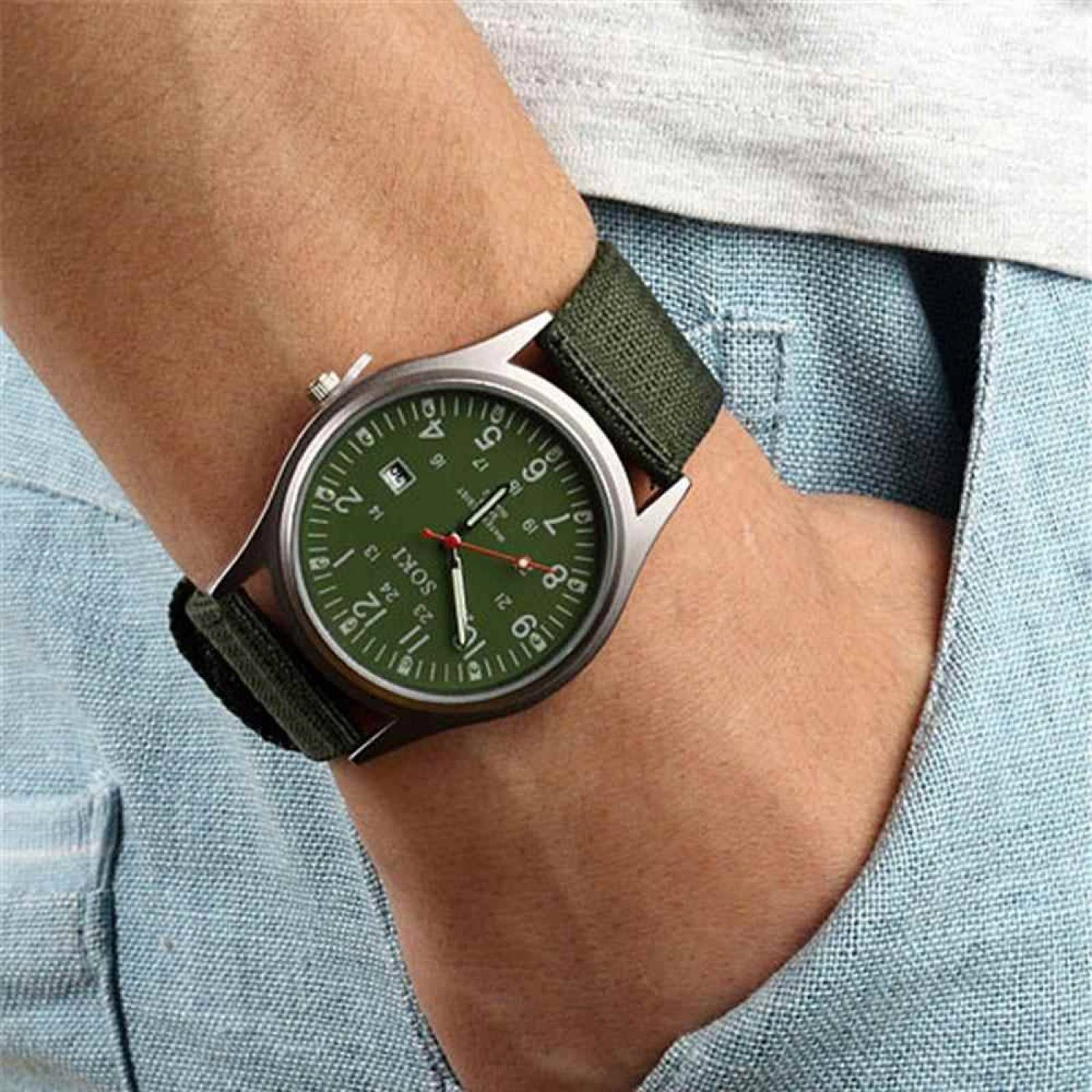 Reloj Militar Acero Lona Cuarzo Marca Soki Color Verde