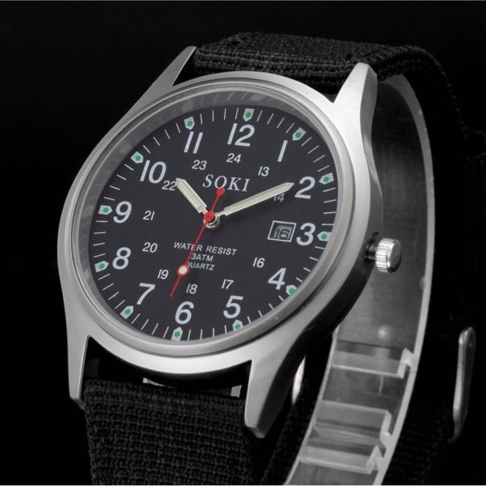 Reloj Militar Acero Lona Cuarzo Marca Soki Color Negro