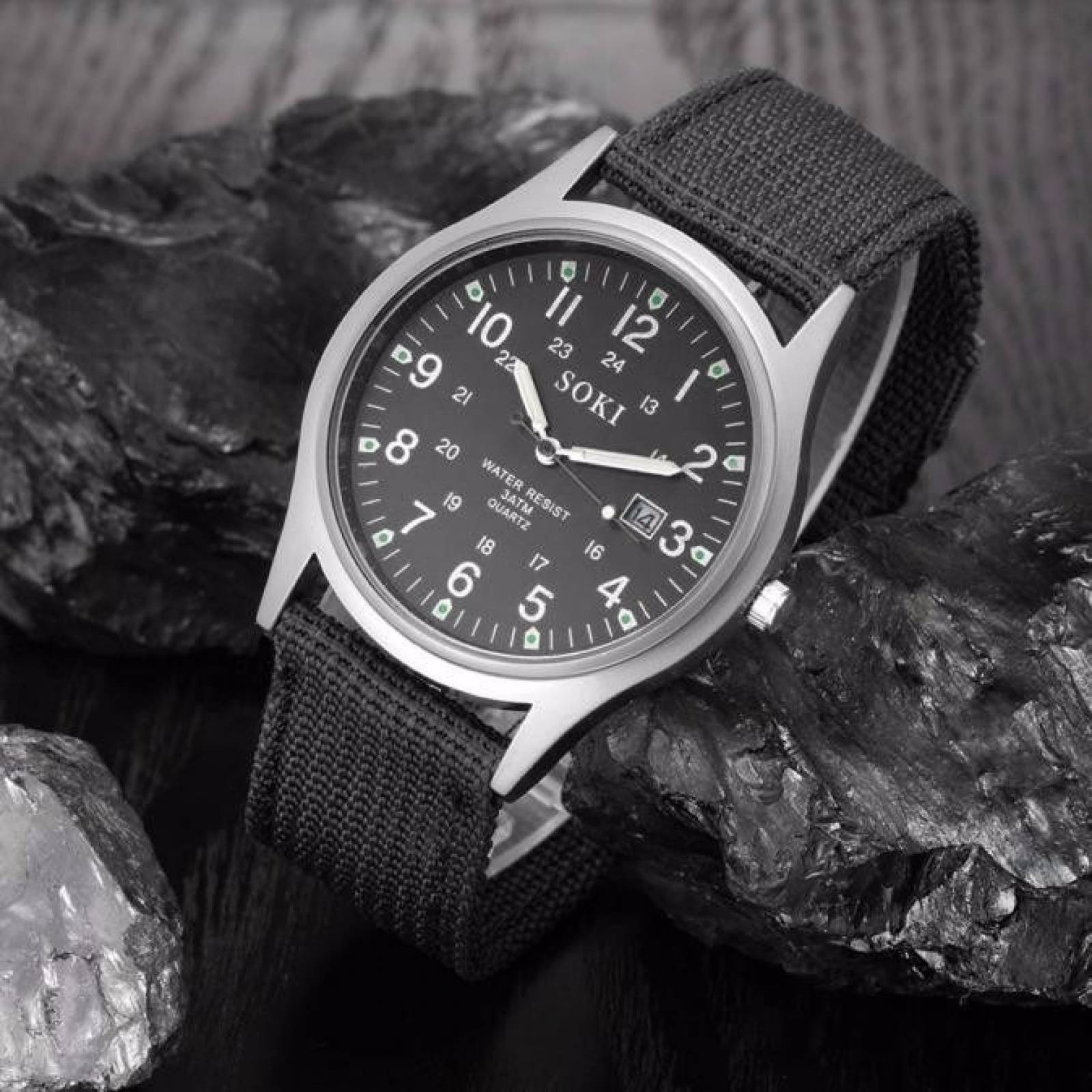 Reloj Militar Acero Lona Cuarzo Marca Soki Color Negro