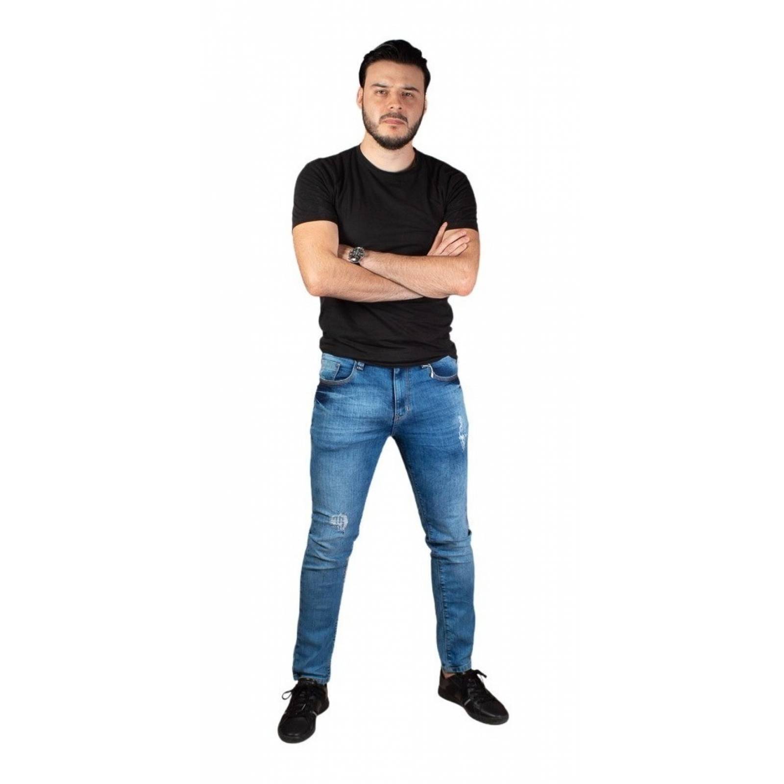 Pantalón Mezclilla Deslavado Roto Azul Claro Slim Fit Hombre