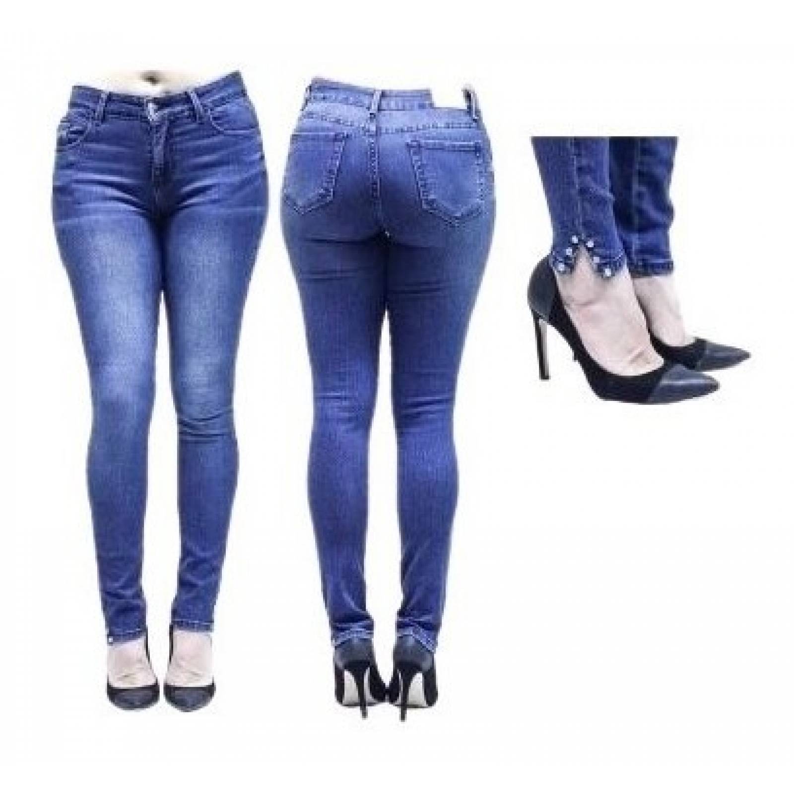 Jeans Dama Skinny Con Abertura Y Pedrería En Tobillo
