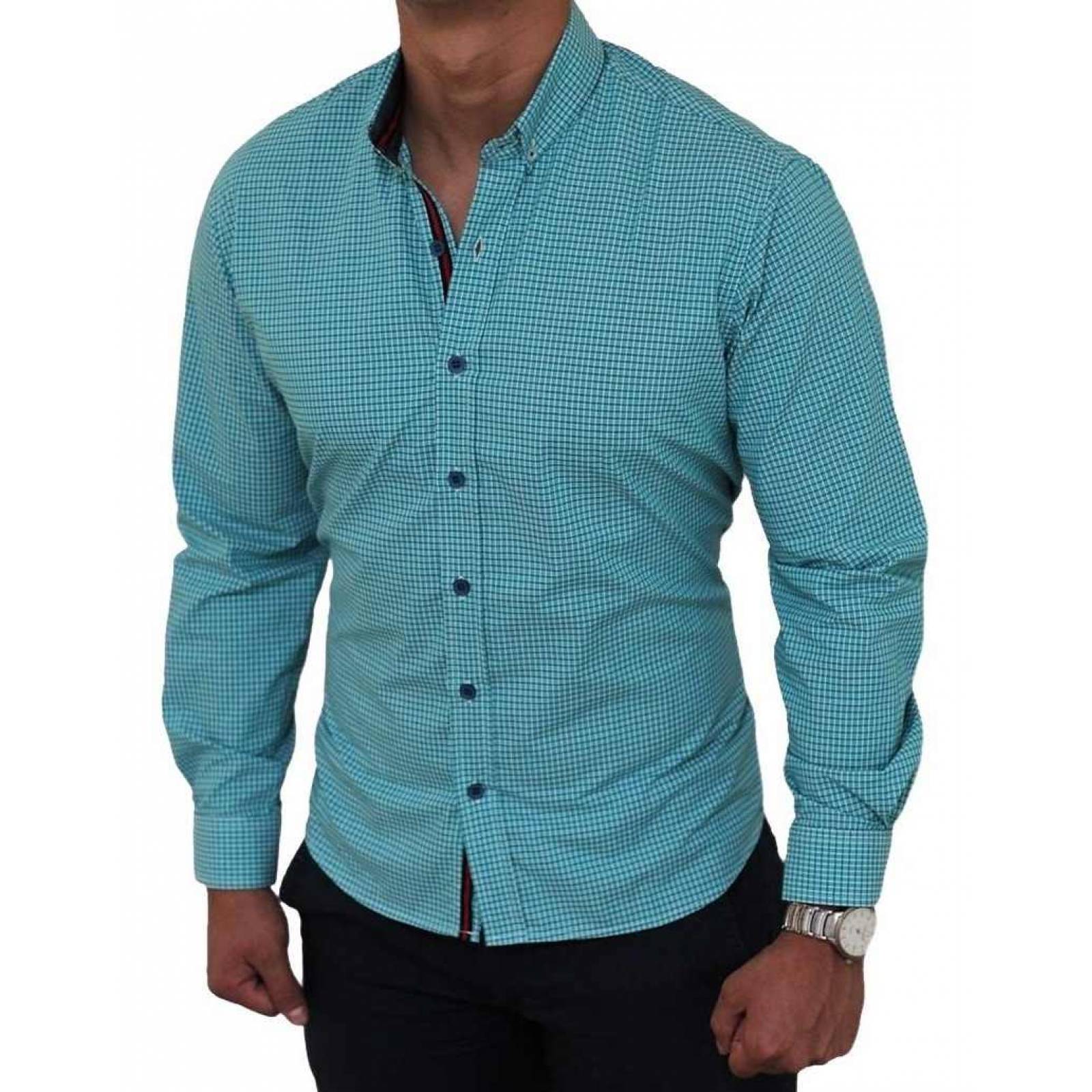Camisa Hombre Cuadros Pequeños Color Aqua Y Blanco Slim Fit