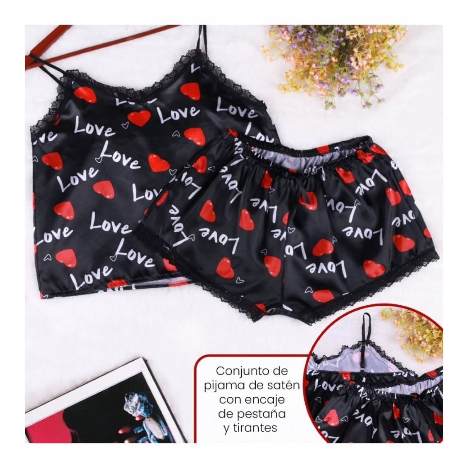Conjunto Pijama Satin Encaje 2 Piezas Mujer Unitalla Short