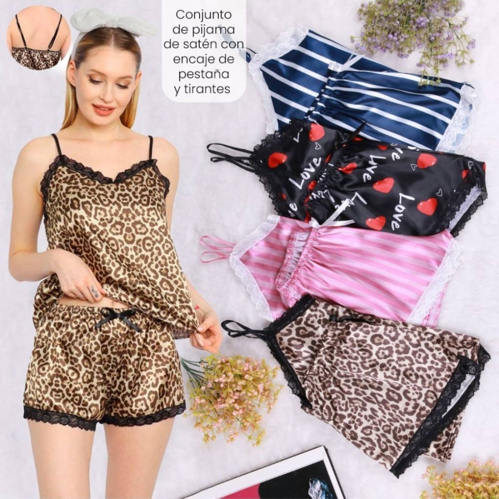 Conjunto Pijama Satin Encaje 2 Piezas Mujer Unitalla Short