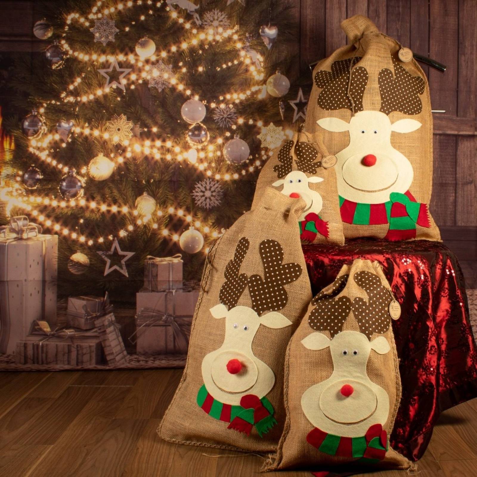 Costales Navideños Yute Extra Grande Modelo: Reno 4 Pcs