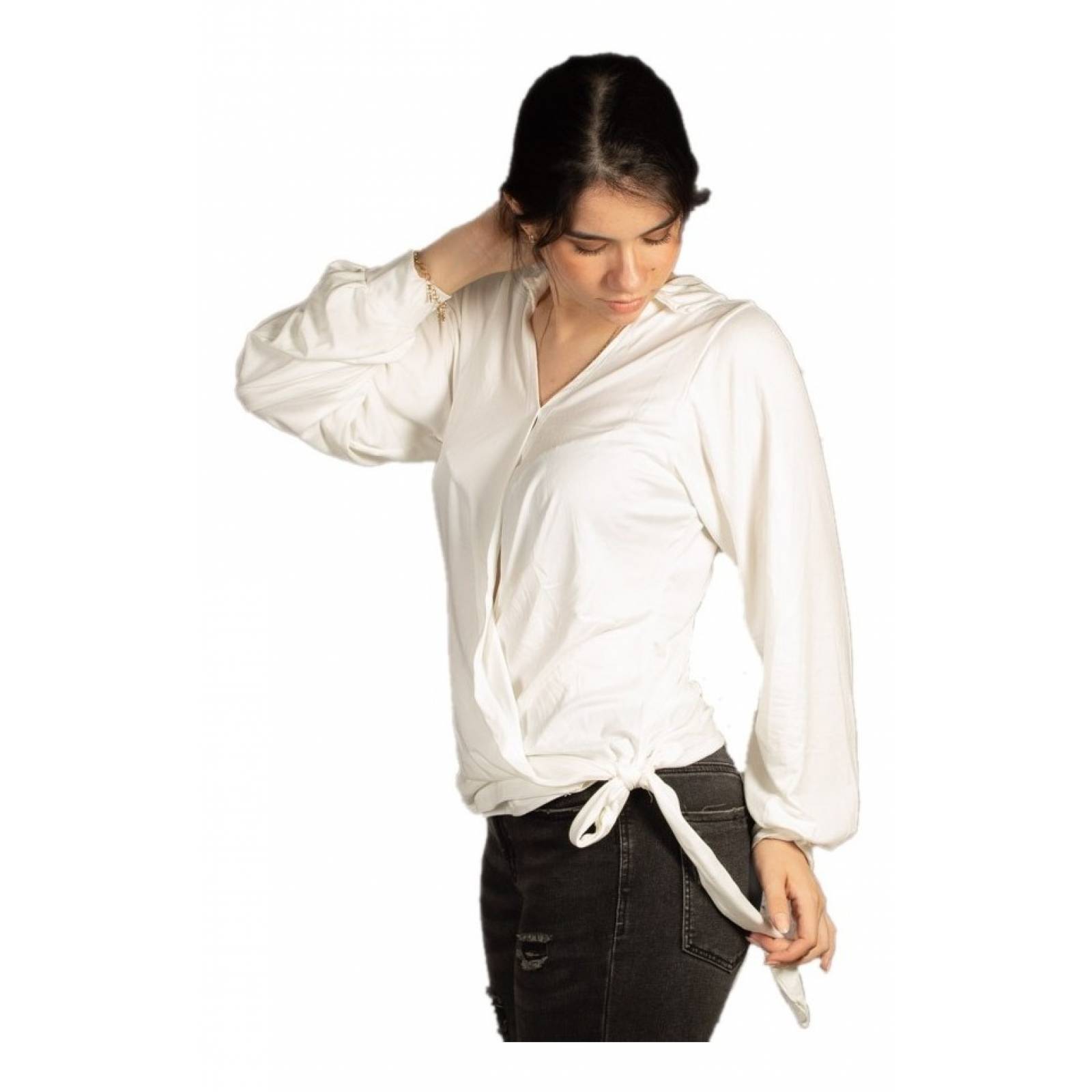Blusa Cruzada Manga Larga Con Nudo En Cintura