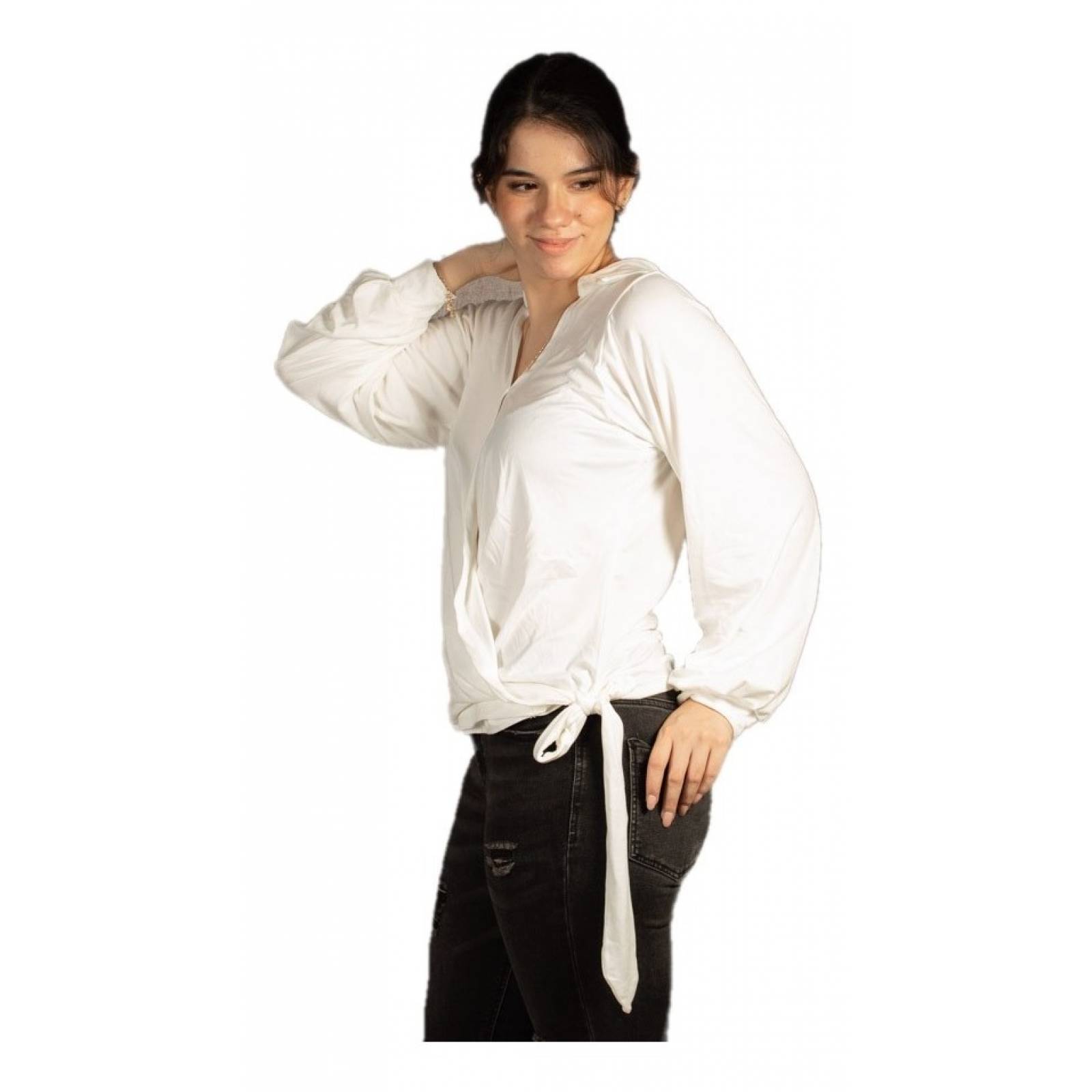 Blusa Cruzada Manga Larga Con Nudo En Cintura