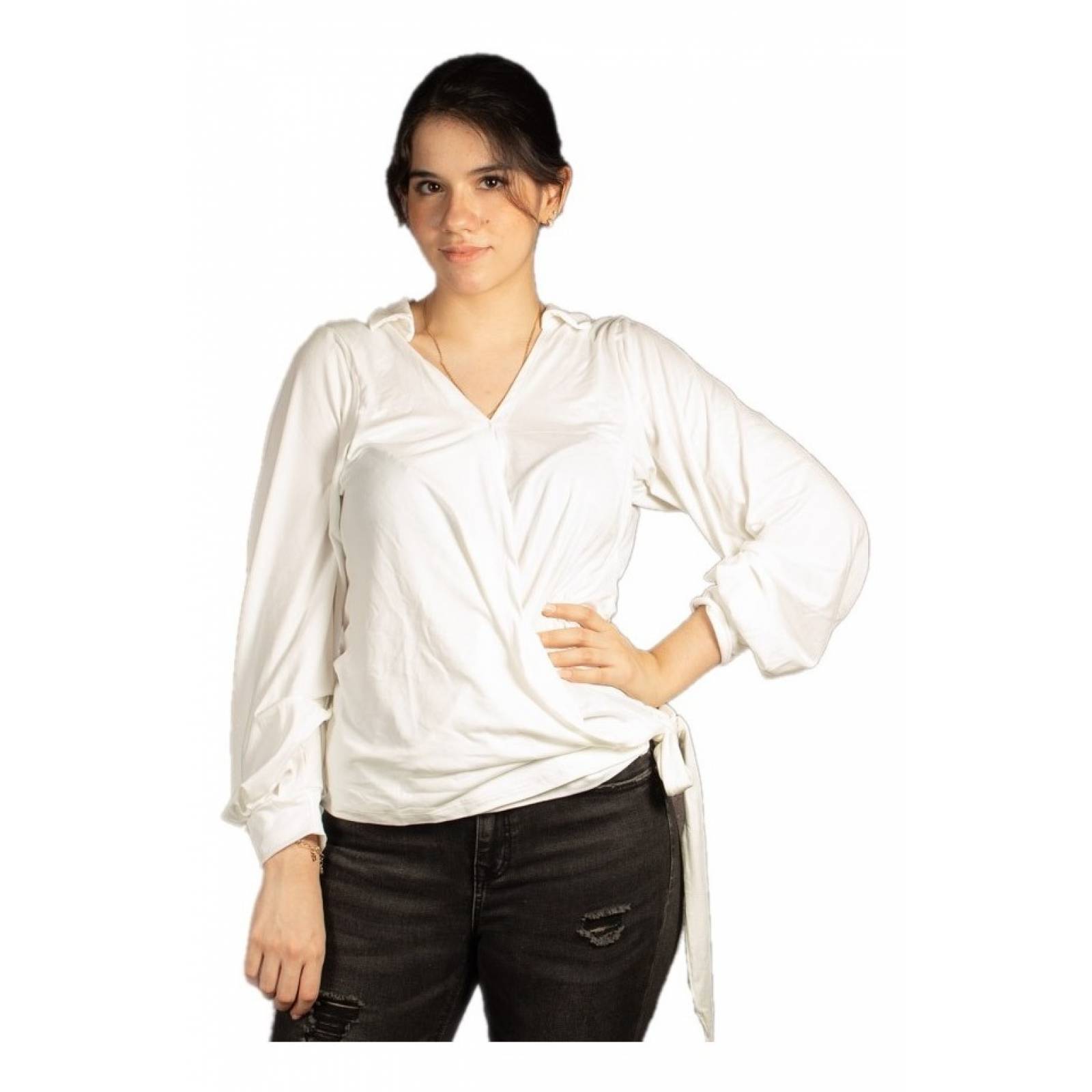 Blusa Cruzada Manga Larga Con Nudo En Cintura