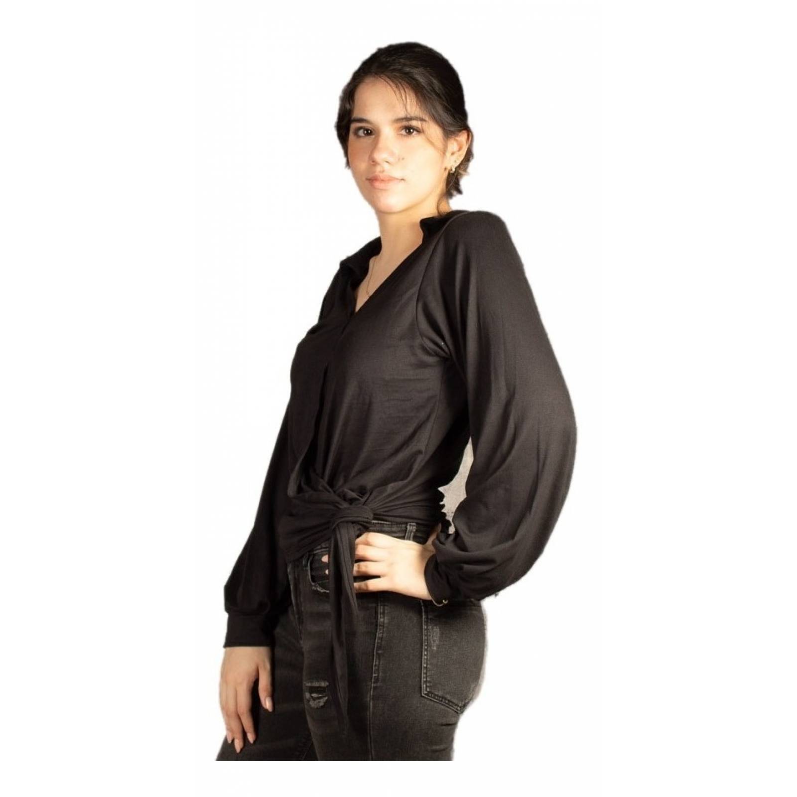 Blusa Cruzada Manga Larga Con Nudo En Cintura