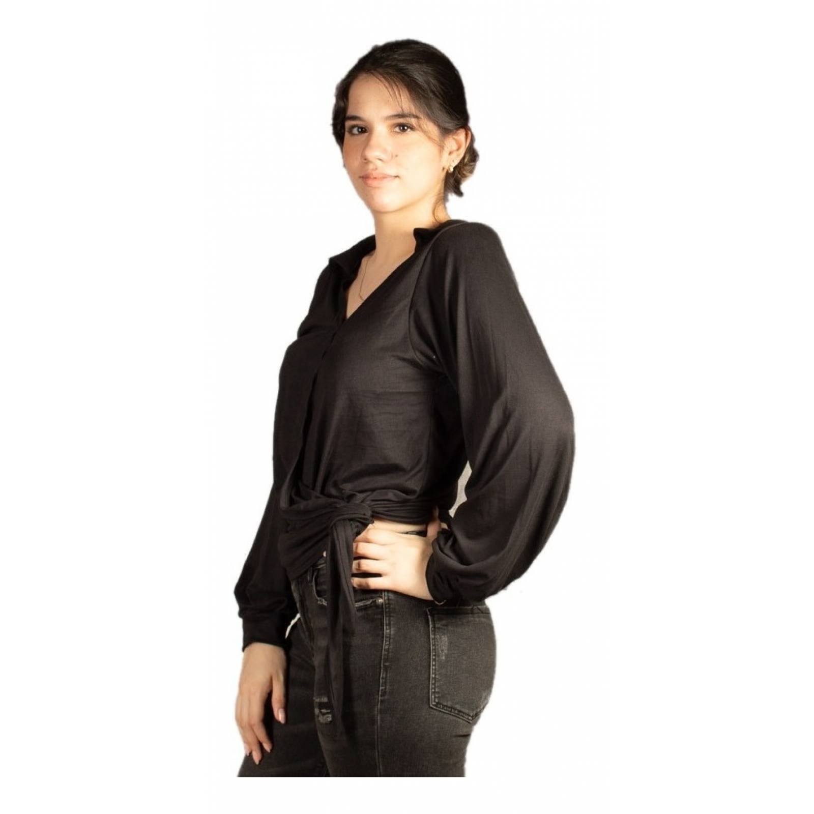 Blusa Cruzada Manga Larga Con Nudo En Cintura