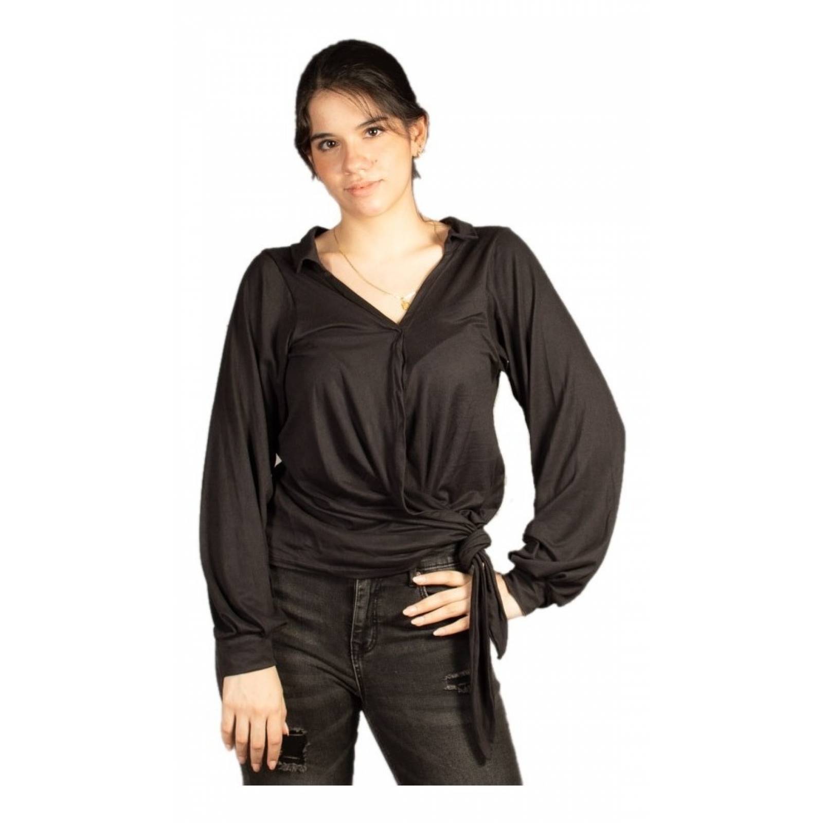 Blusa Cruzada Manga Larga Con Nudo En Cintura