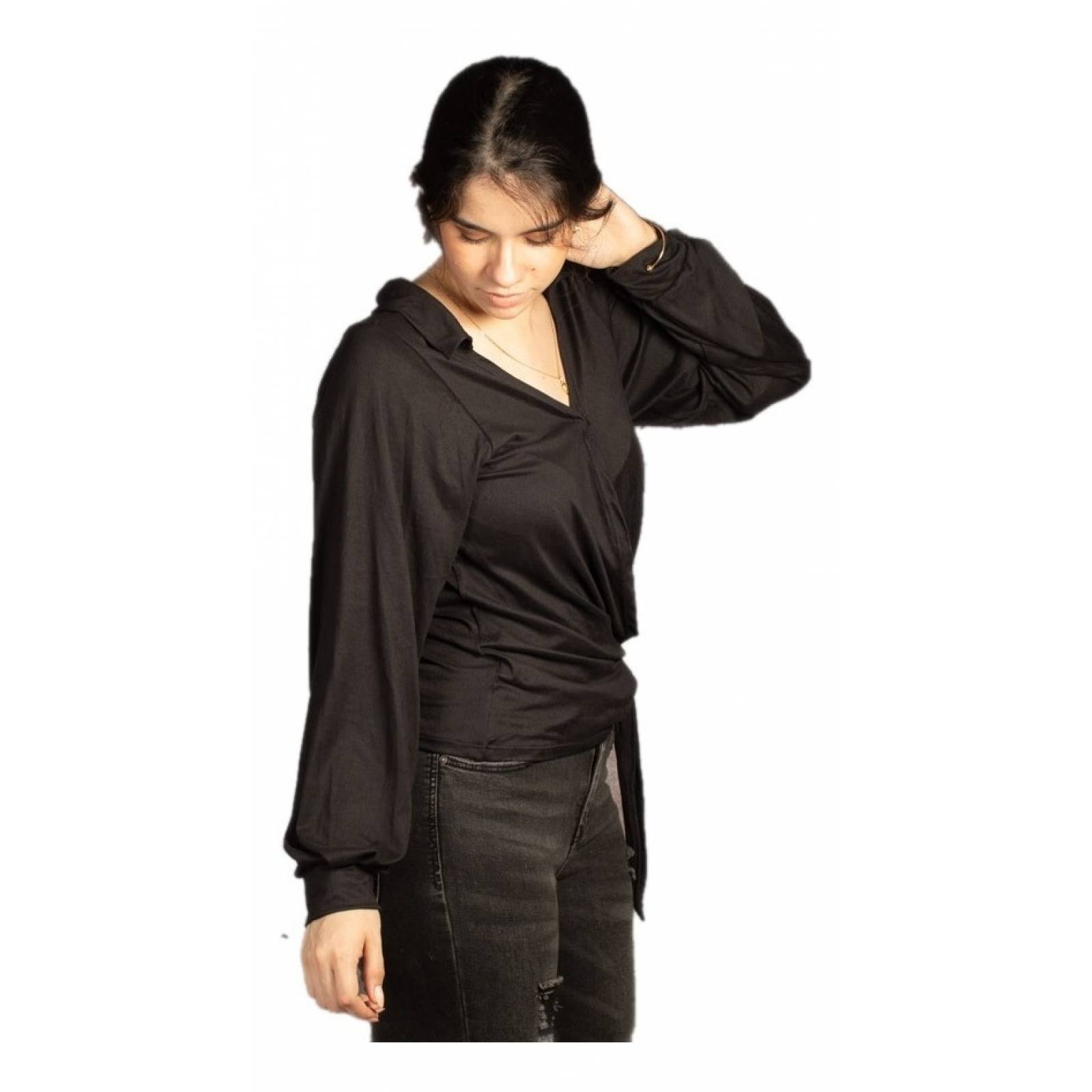 Blusa Cruzada Manga Larga Con Nudo En Cintura