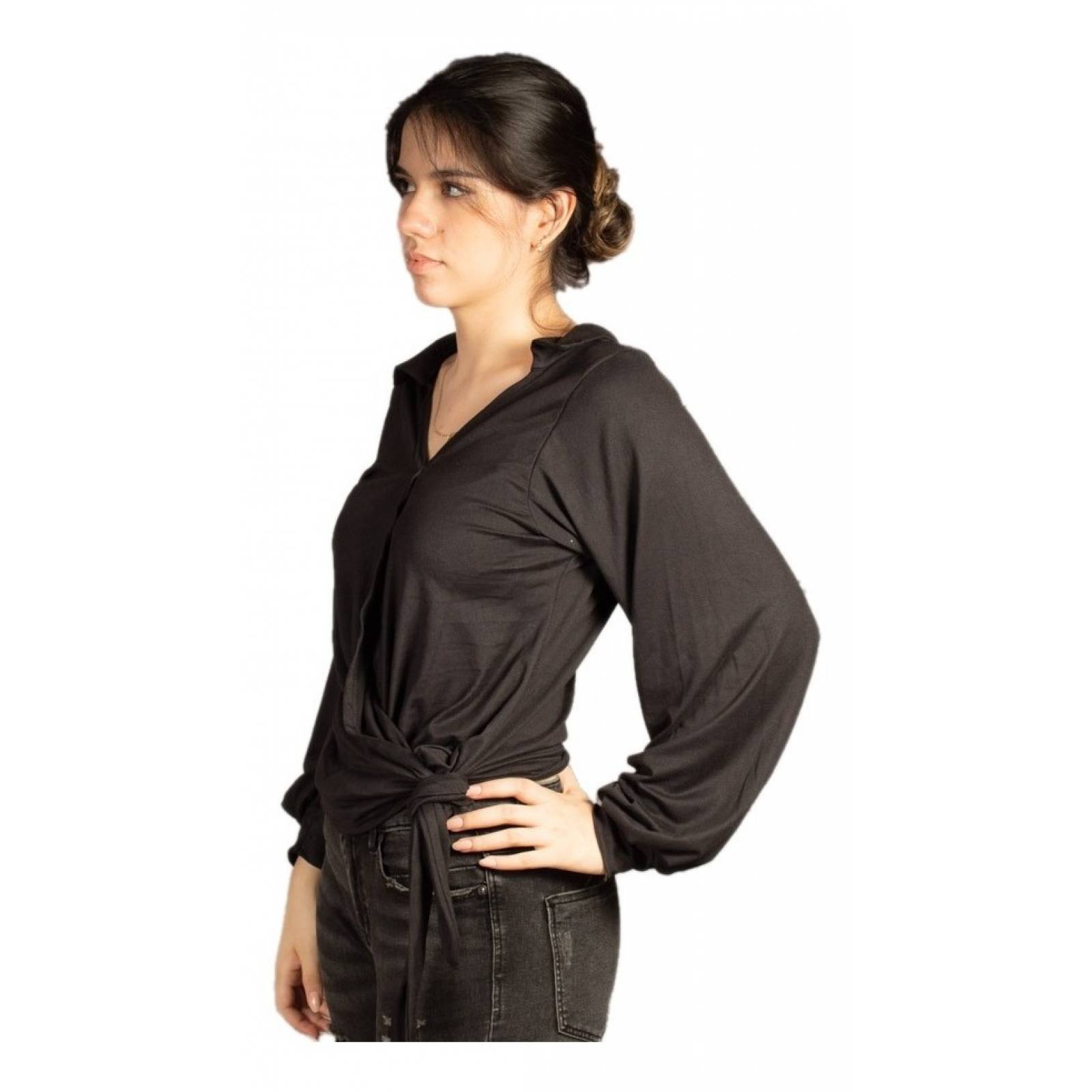 Blusa Cruzada Manga Larga Con Nudo En Cintura