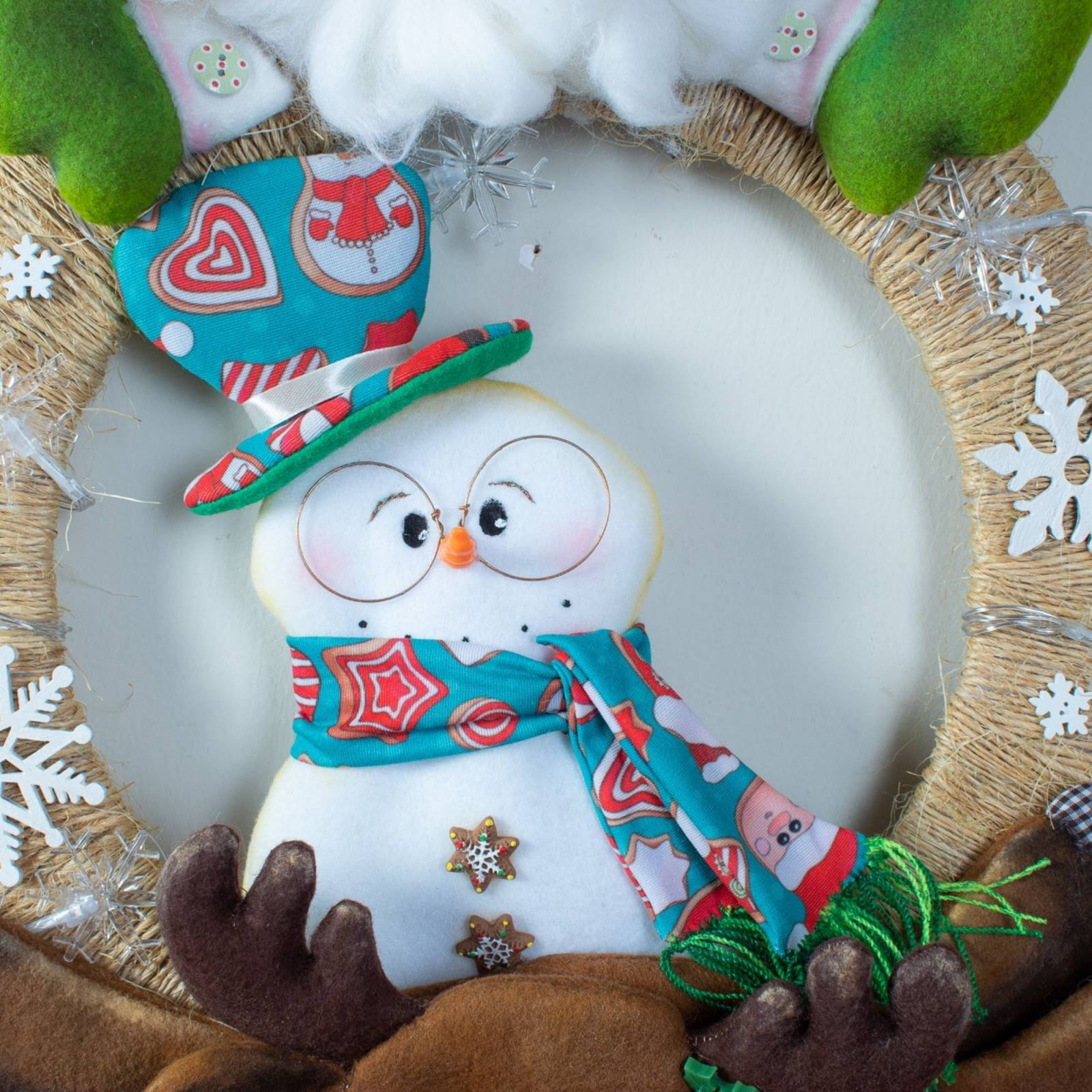 Corona Navideña Santa y Amigos Iluminada