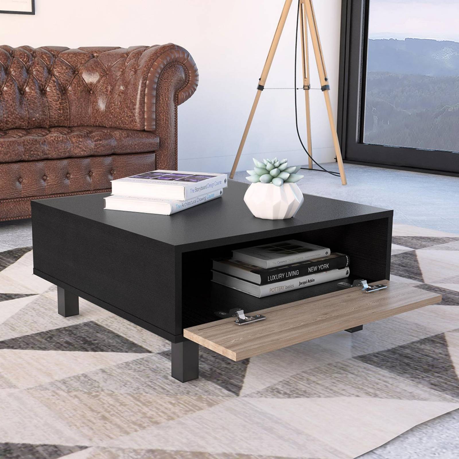 Mesa de Centro tipo Cajonera Color Chocolate con Miel Modelo Kaia 60 cm Largo 