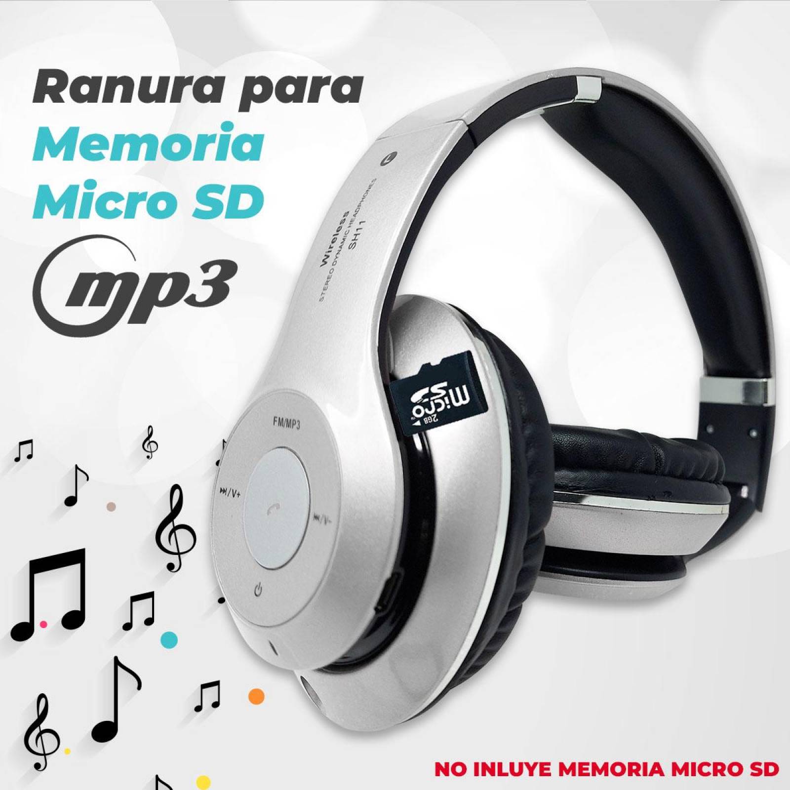 Audifonos Diadema Bluetooth Mp3 Fm Micro Sd Auxiliar Estándar