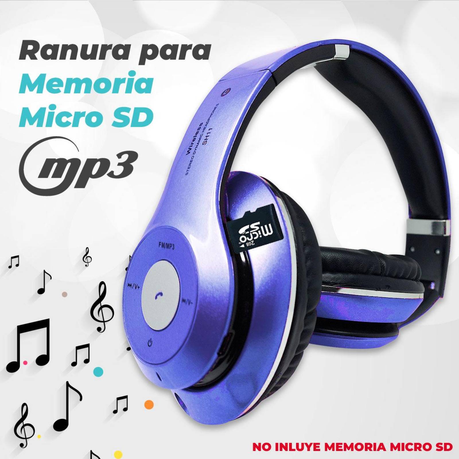Audifonos Diadema Bluetooth Mp3 Fm Micro Sd Auxiliar Estándar