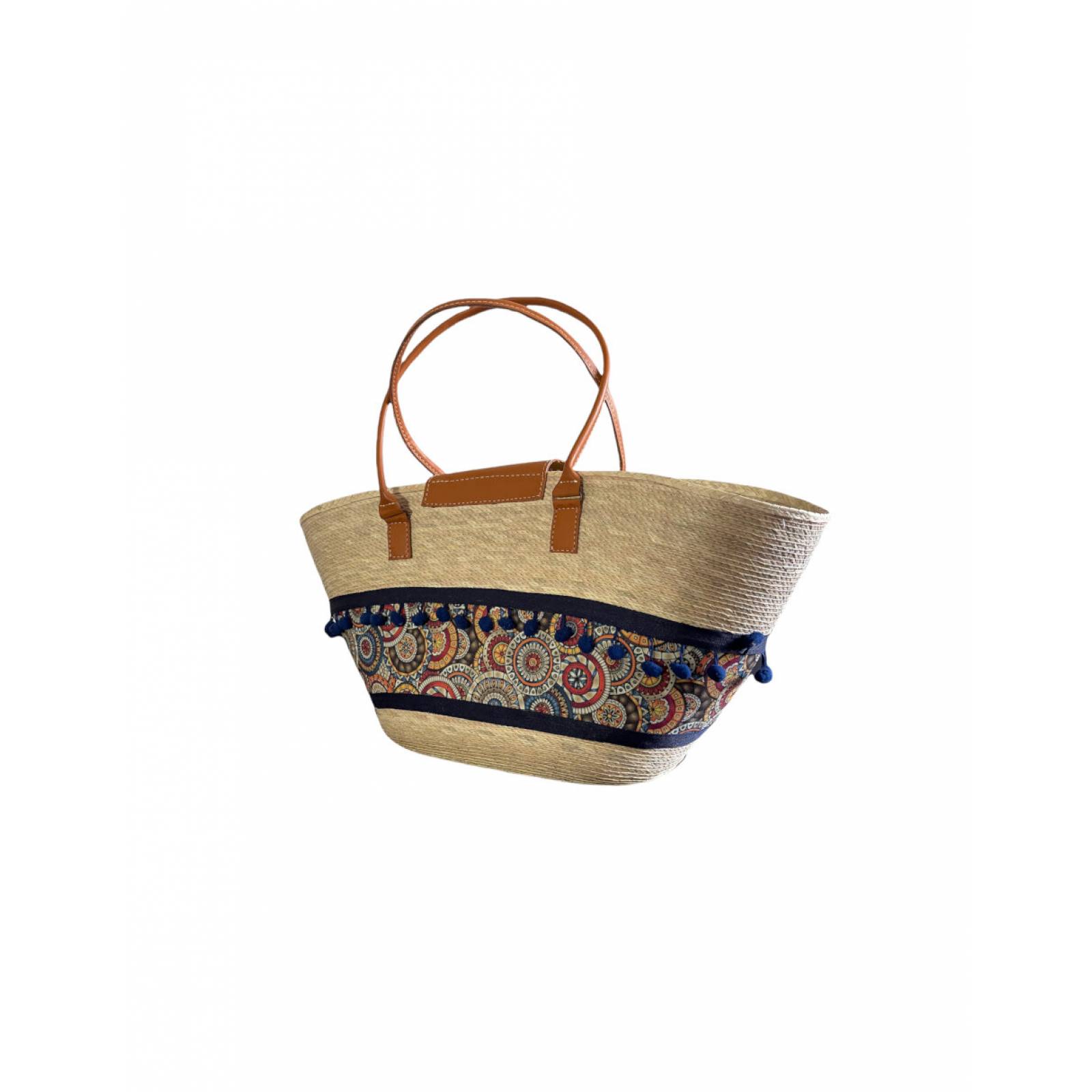 Bolsa de palma artesanal decorada en tela con figuras