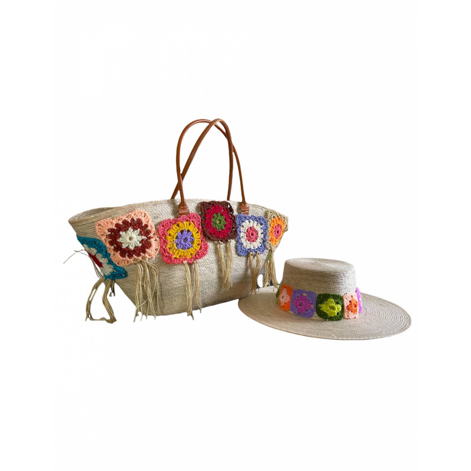Kit  de bolsa y sombrero artesanal de palma estambre tejido