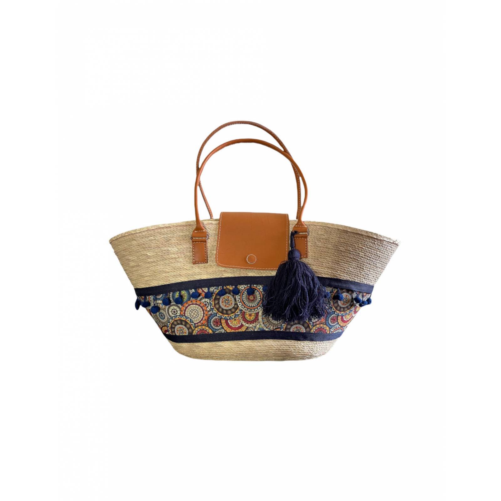 Kit  de bolsa y sombrero artesanal de palma con tela